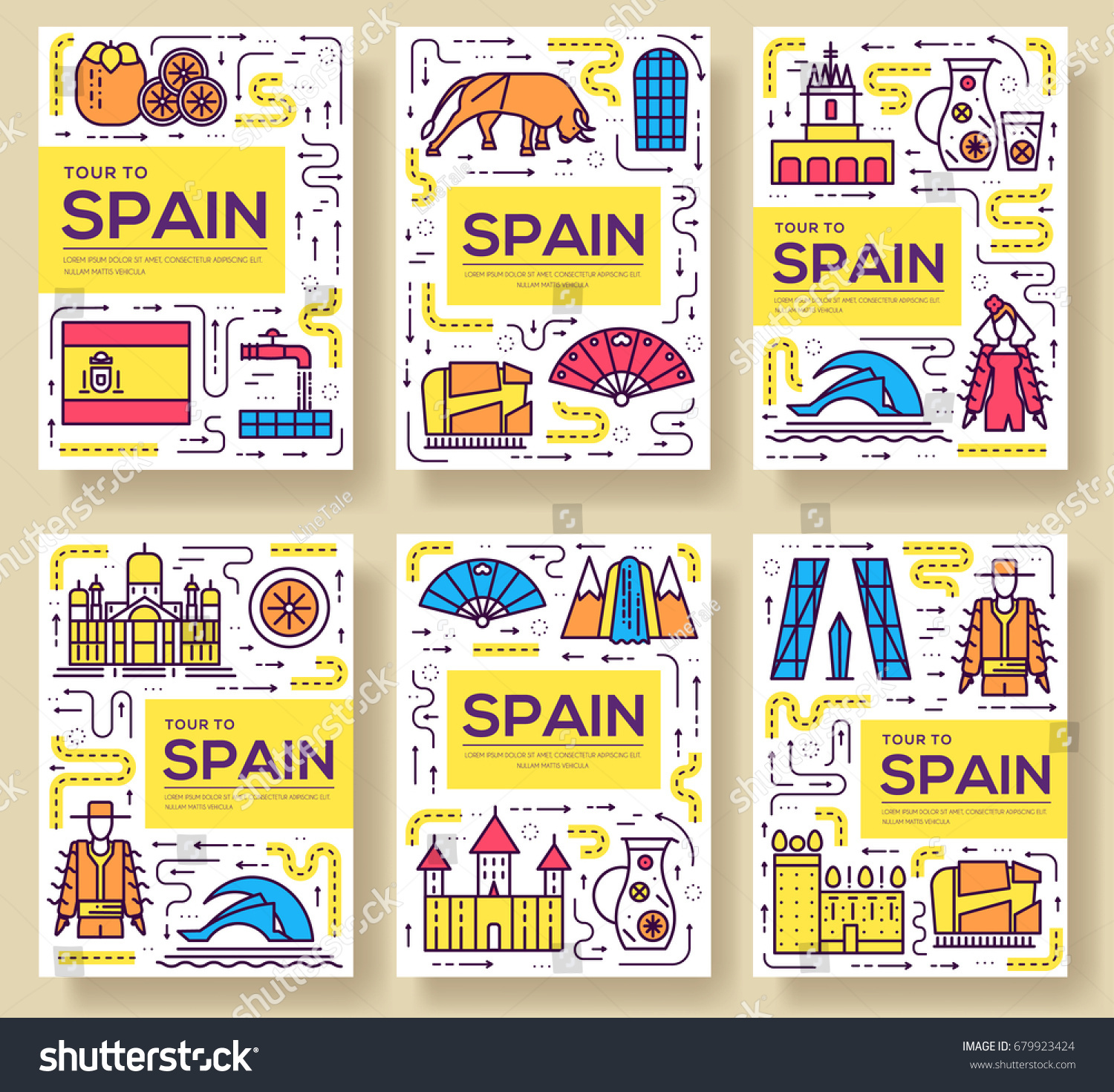 Spain Vector Brochure Cards Thin Line Stock Vector 679923424 - Shutterstock