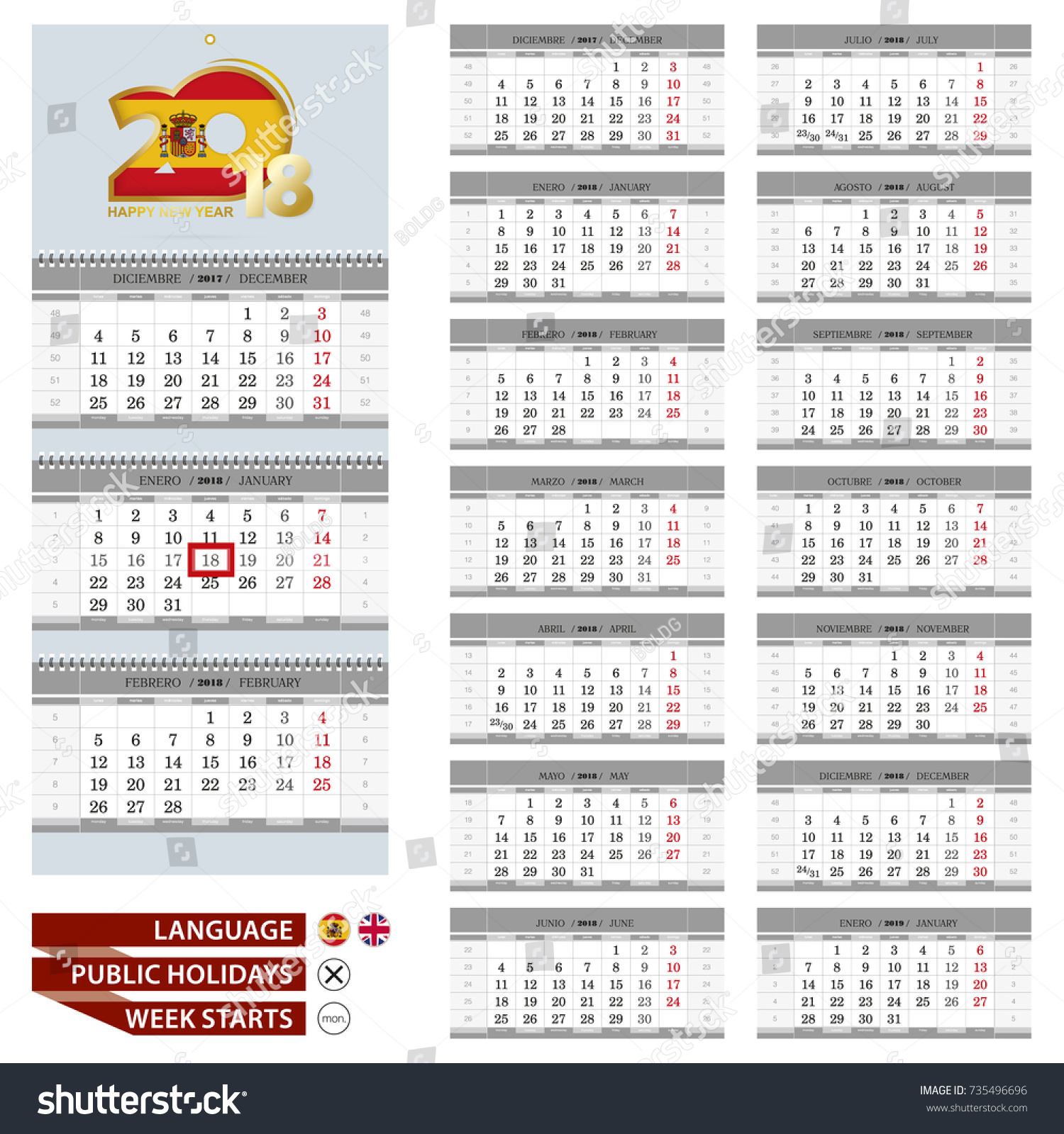 Spanish English Language Calendar 18 Year Stock Vector Royalty Free