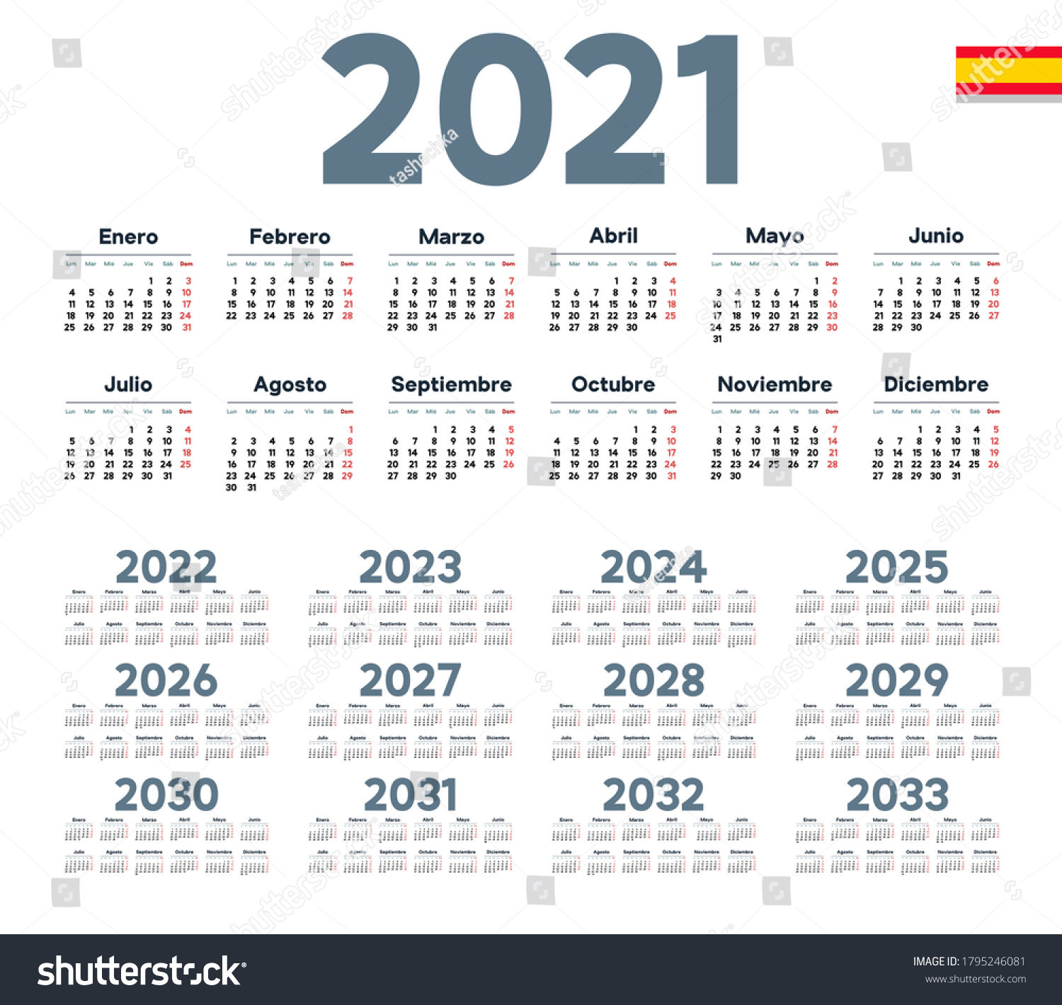 Spanish Calendar 2021 2033 On White Stock Vector (Royalty Free) 1795246081