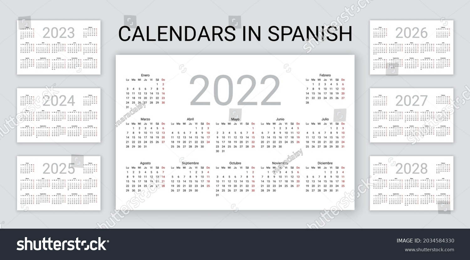 Vektor Stok Spanish Calendar 2022 2023 2024 2025 (Tanpa Royalti