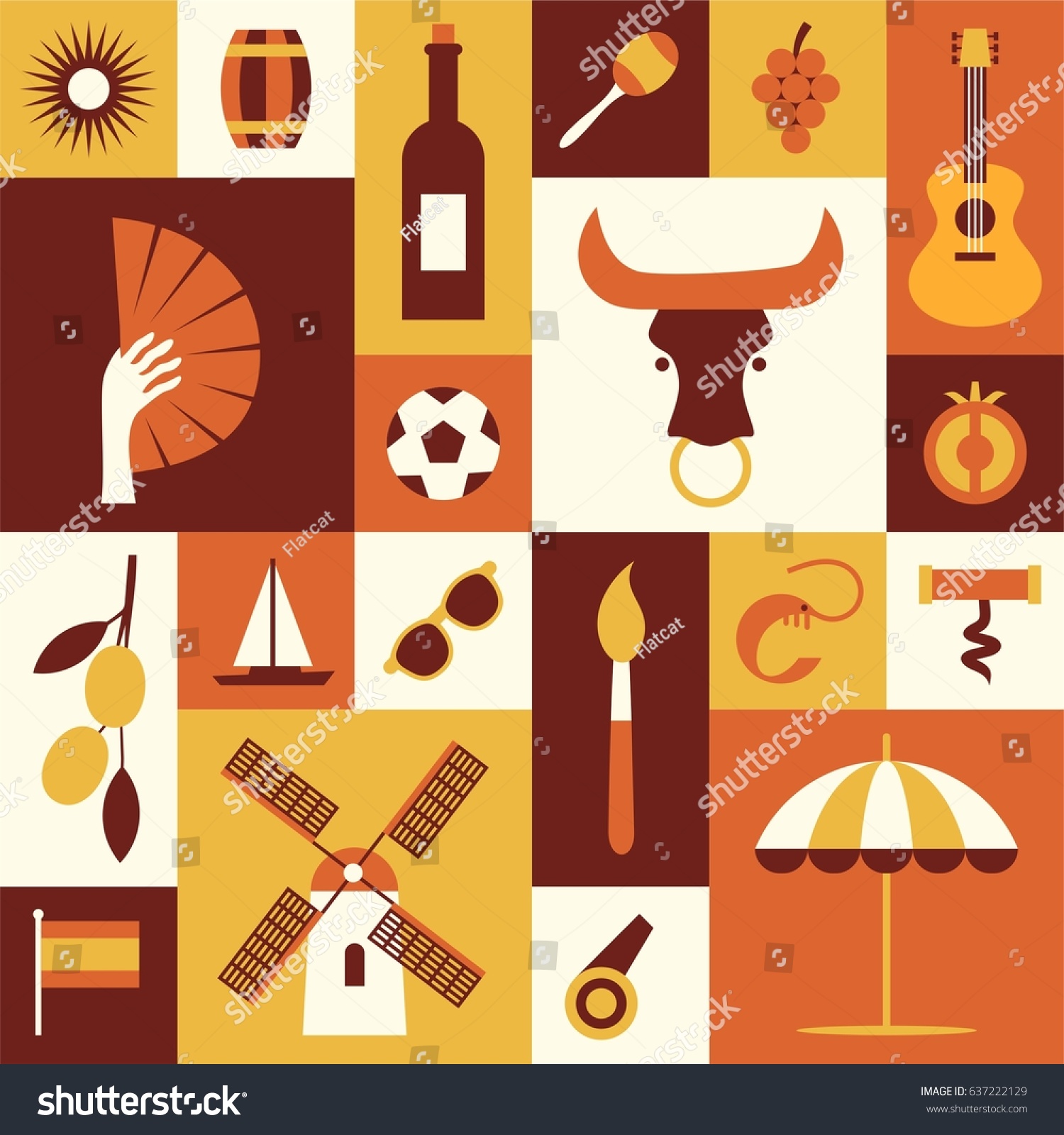 spanish-cultural-symbols-set-flat-icons-stock-vector-royalty-free