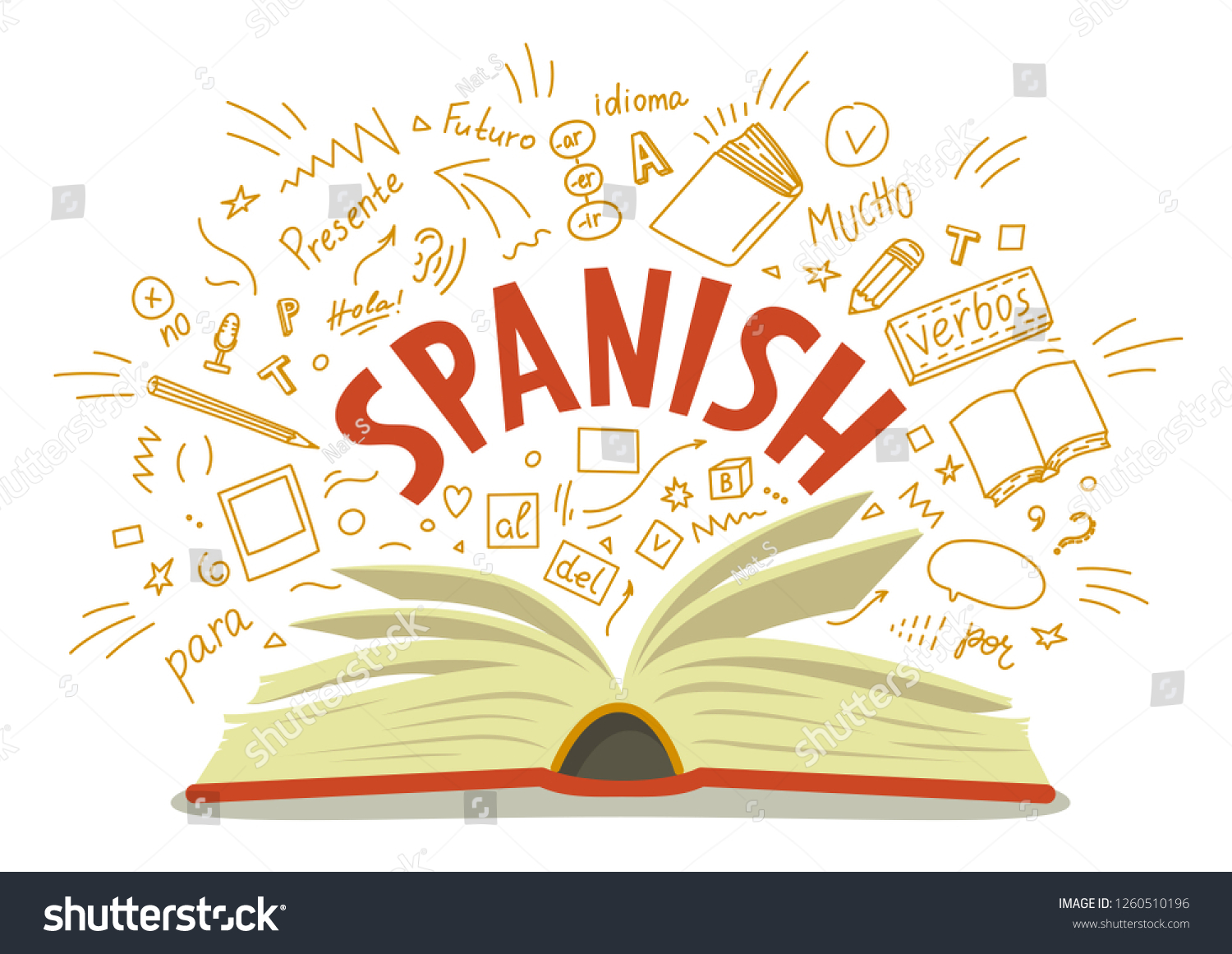 スペイン語 白い背景に言語手描きの落書きと文字を使用して開いた本 教育のベクターイラスト のベクター画像素材 ロイヤリティフリー