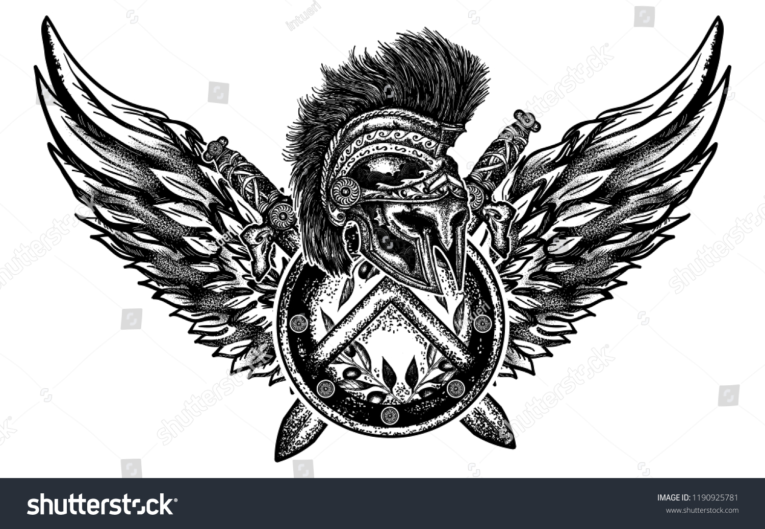 Spartan Helmet Crossed Swords Shield Angel Stock Vector Royalty