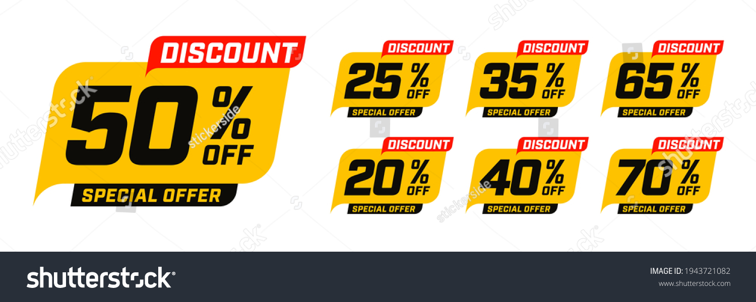 SVG of Special offer discount with different value percent off. 50, 20, 40, 70, 25, 35, 65 percentage price reduction label for cheap purchase set vector illustration isolated on white background svg