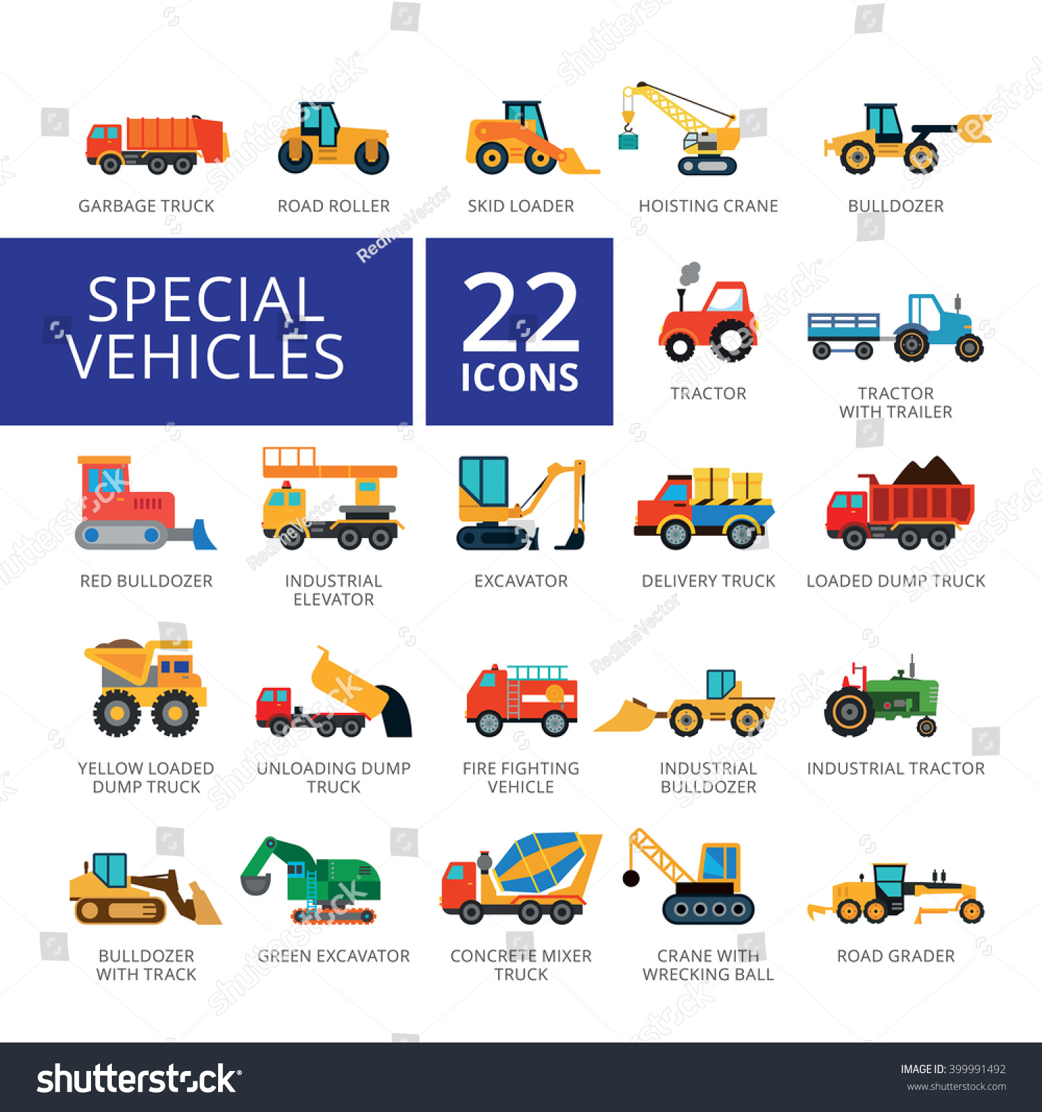 Special Vehicles Flat Icons Set Stock Vector Illustration 399991492