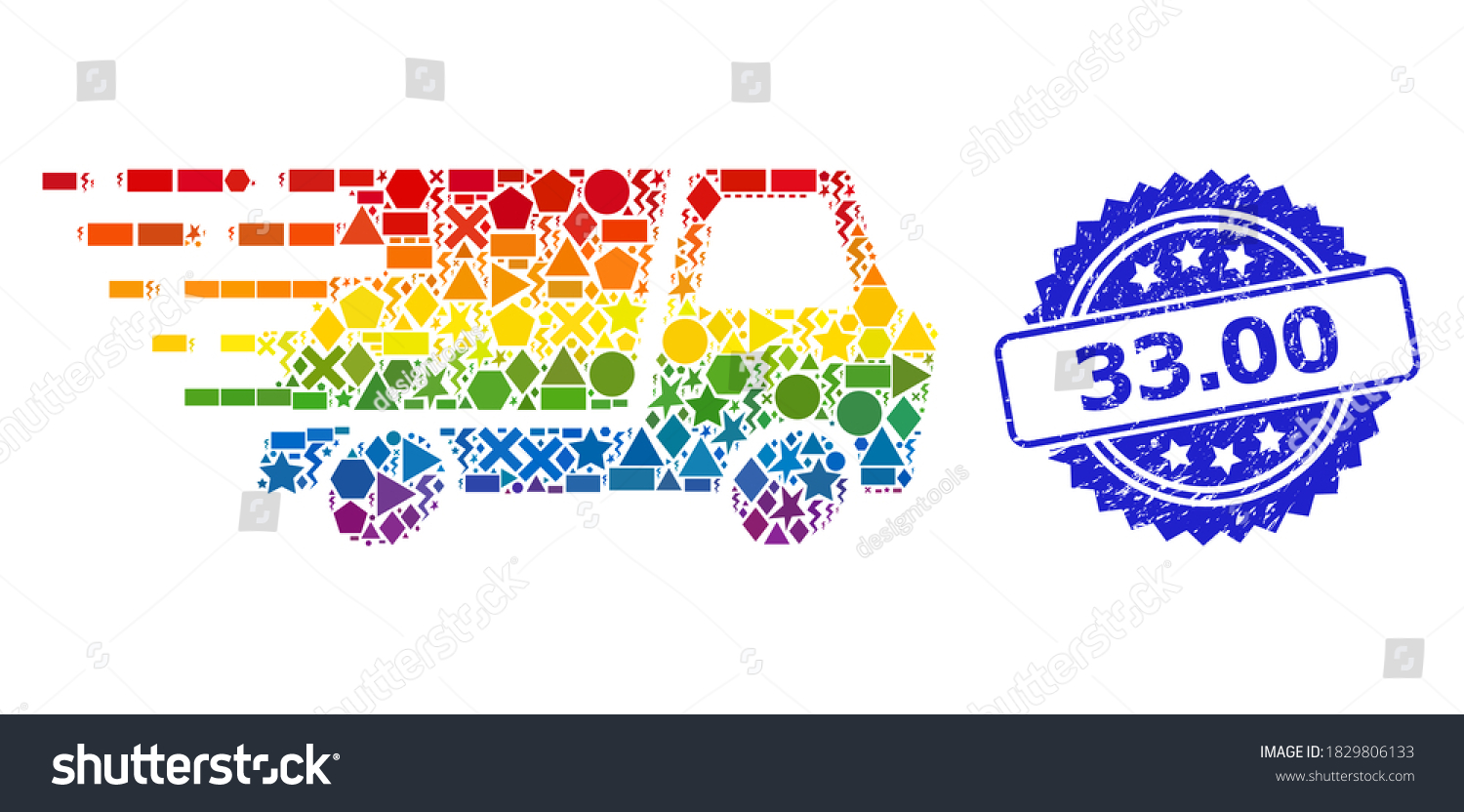 SVG of Spectrum vibrant vector quick delivery collage for LGBT, and 33.00 dirty rosette seal. Blue seal has 33.00 text inside rosette. svg