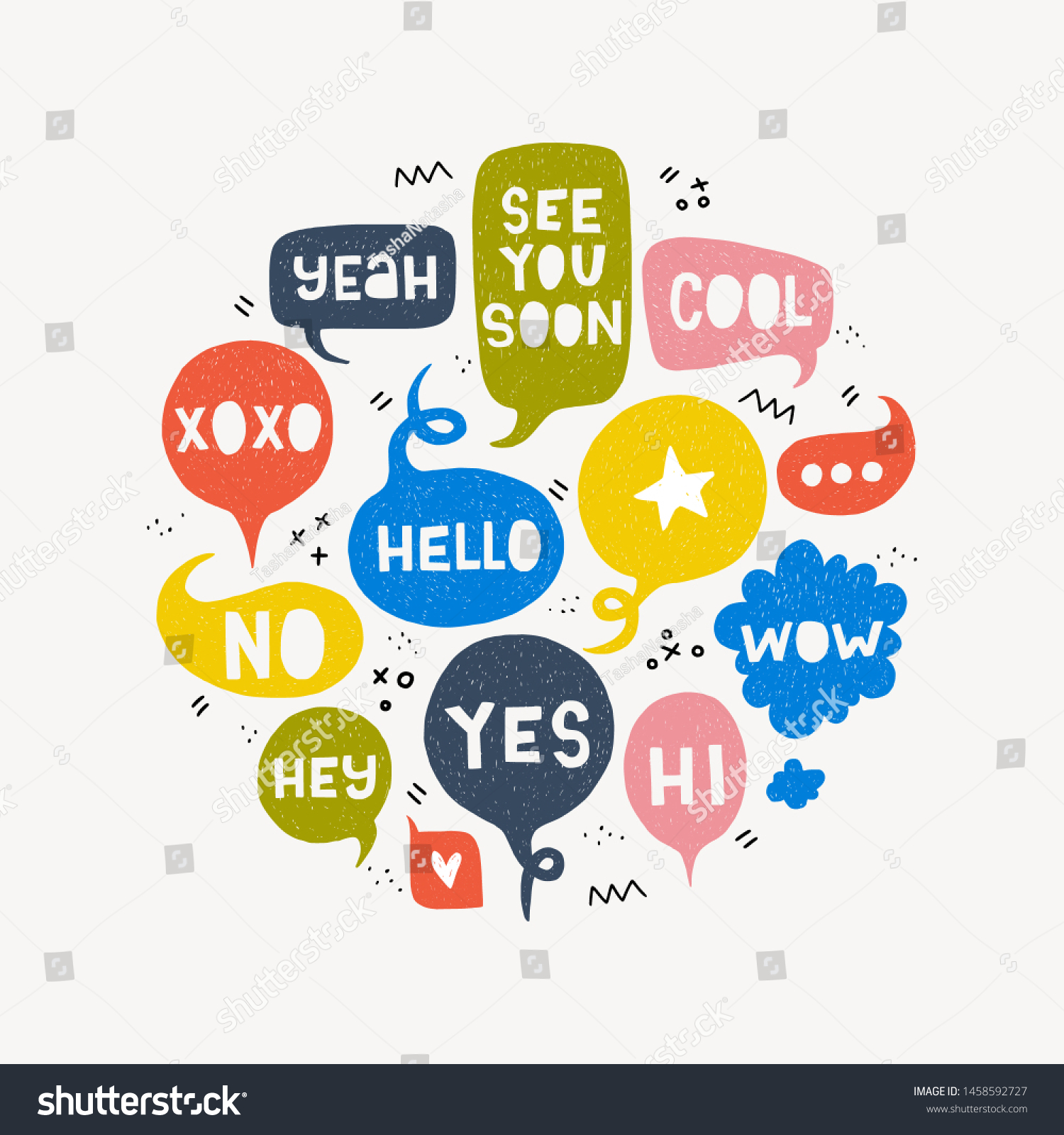 SVG of Speech bubble set with typography exclamation Hi, Hello, Yes, No, Wow, Like, Cool, Hey, Yeah, See You Soon, Xoxo. Card with group of colorful balloons with talk expressions, marks and symbols. Vector svg