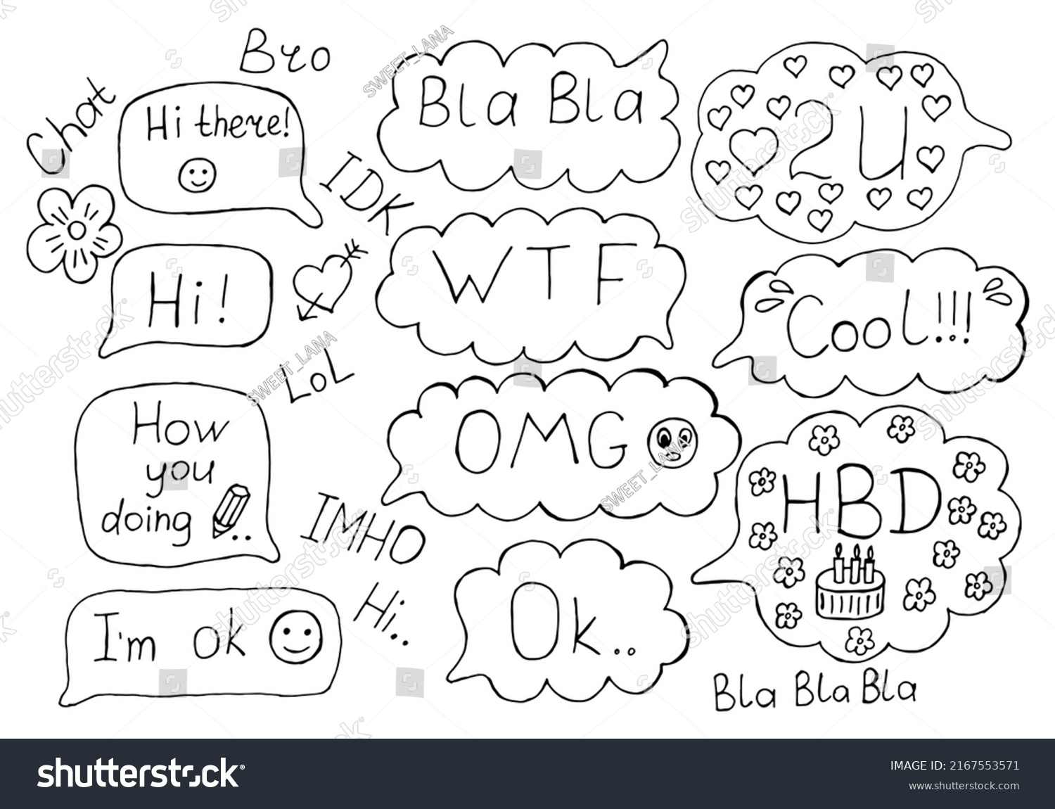 SVG of Speech bubbles set with expression text HI, OK, LOL, WTF, OMG, HBD, COOL, 2U, BLA,BLA, IMHO and other abbreviations and elements isolated on white background. Pop art style. Vector illustration. svg