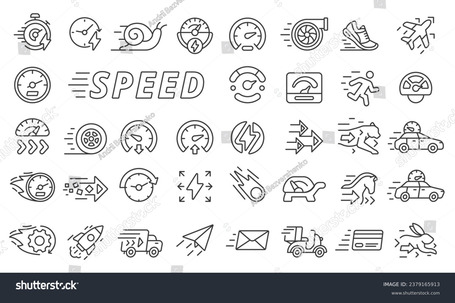 SVG of Speed icons set in line design. Fast, Speedometer, Rapid, Quick, Slow, Low speed, Run, Velocity, Turbo, Arrows, Quickness, High speed vector illustrations. Editable stroke icons. svg