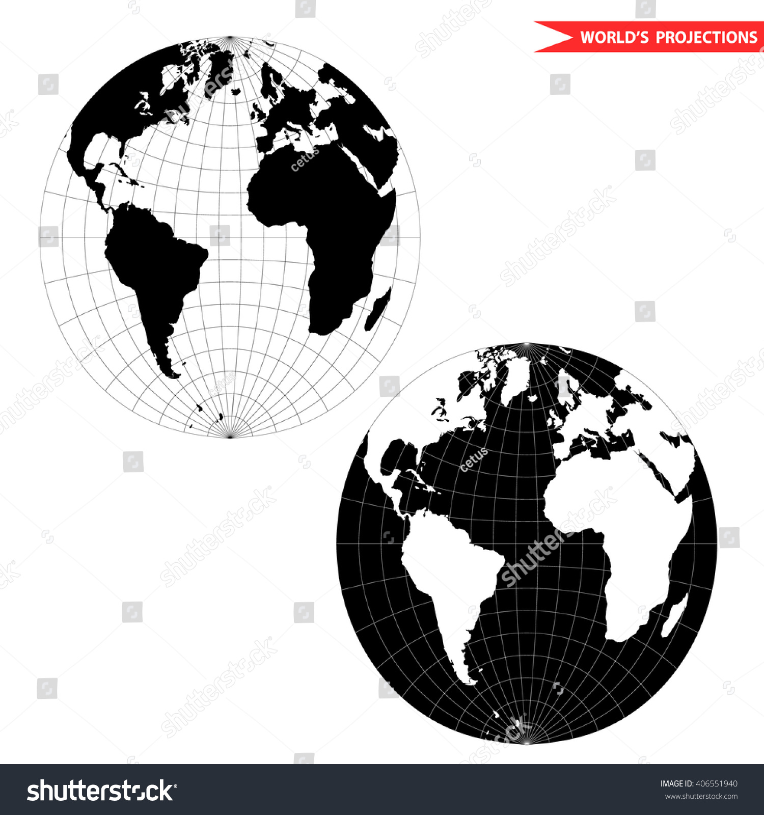 World Map Spherical Projection Spherical World Map Projection Black White Stock Vector (Royalty Free)  406551940 | Shutterstock