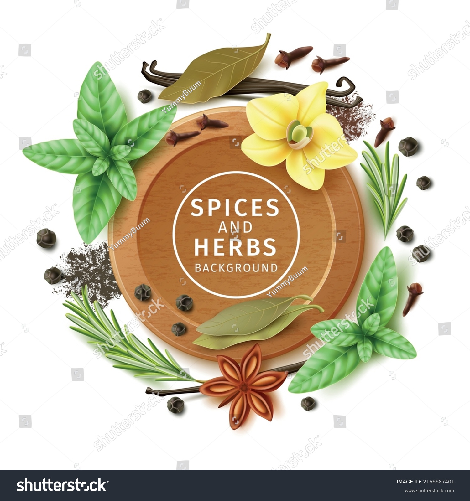 Spices Herbs Round Composition Realistic Different Stock Vector ...