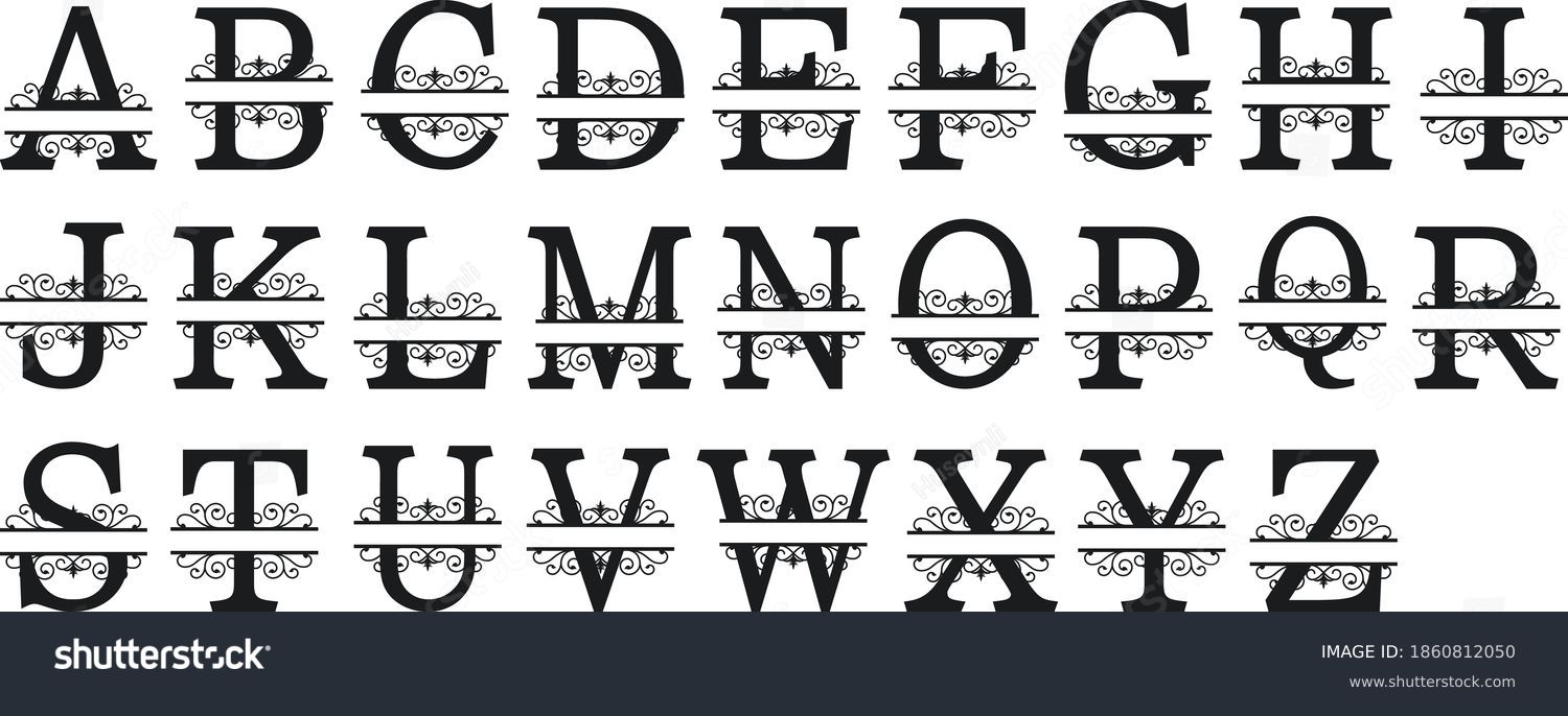 SVG of Split Regal Monogram Alphabet Letters Vector Cut Files Metal Laser Silhouette Cricut Font A to Z SVG Letters Dxf, Svg, Cdr, Eps, AI, Set 109 svg