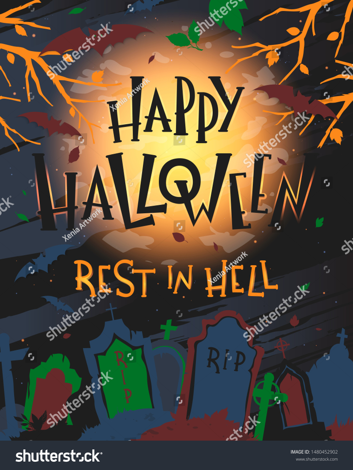 Spooky Halloween Poster Letteringbatsfull Moon Graveyardhalloween Stock ...