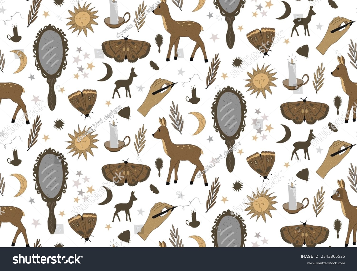 SVG of Spooky season repeat pattern of brown magic elements on white background. Stylish witchcraft vector design for Halloween.  svg