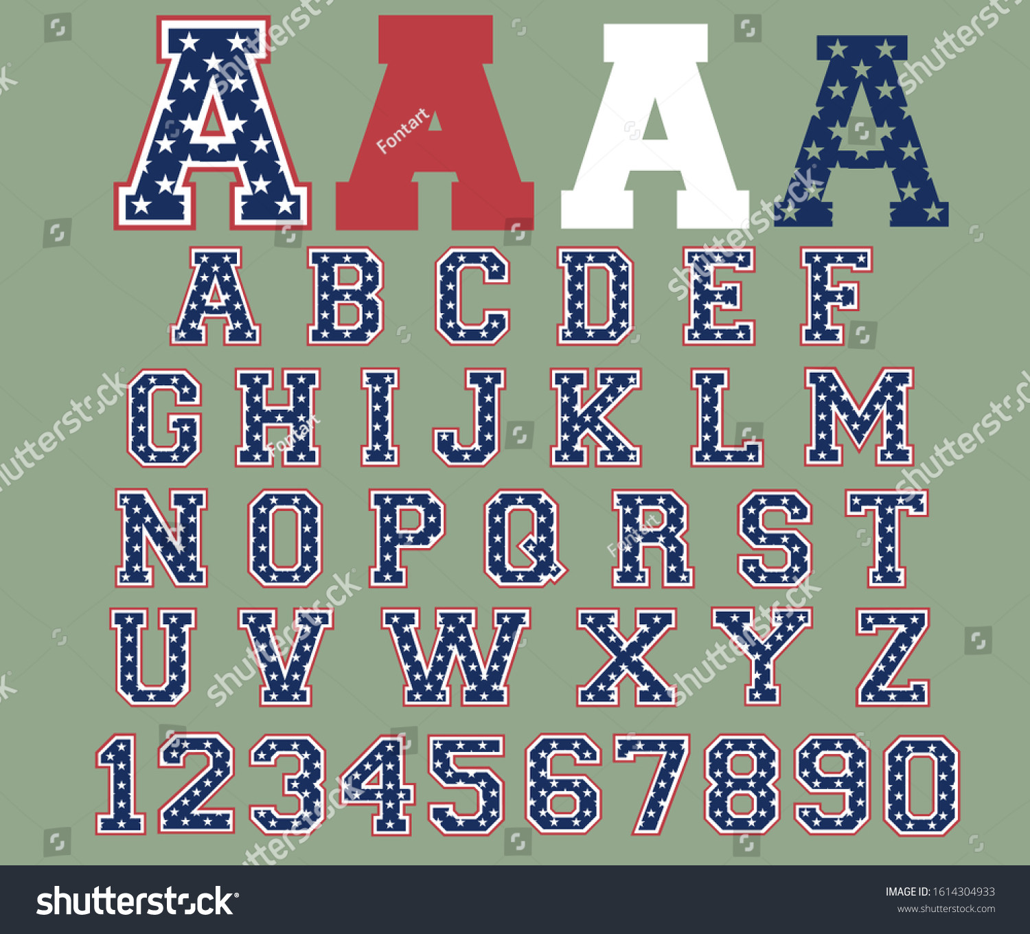 SVG of Sport font vector USA flag. Varsity font college United States Flag alphabet letters and numbers. American Flag vector font svg