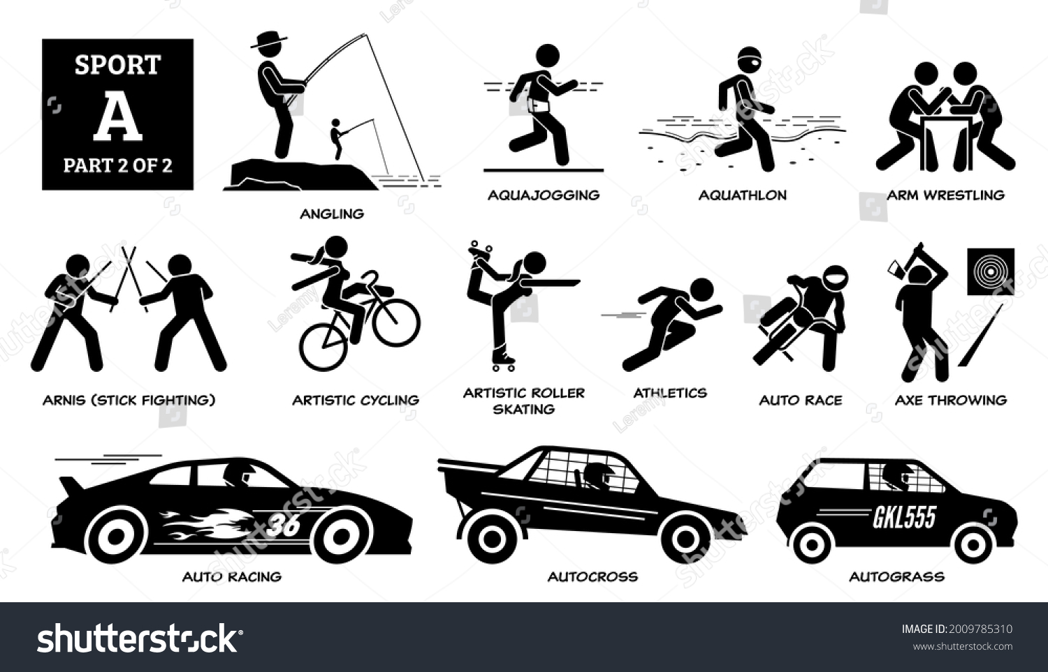 SVG of Sport games alphabet A vector icons pictogram. Angling, aquajogging, aquathlon, arm wrestling, arnis, artistic cycling, roller skating, auto race, axe throwing, auto racing, autocross, and autograss.  svg