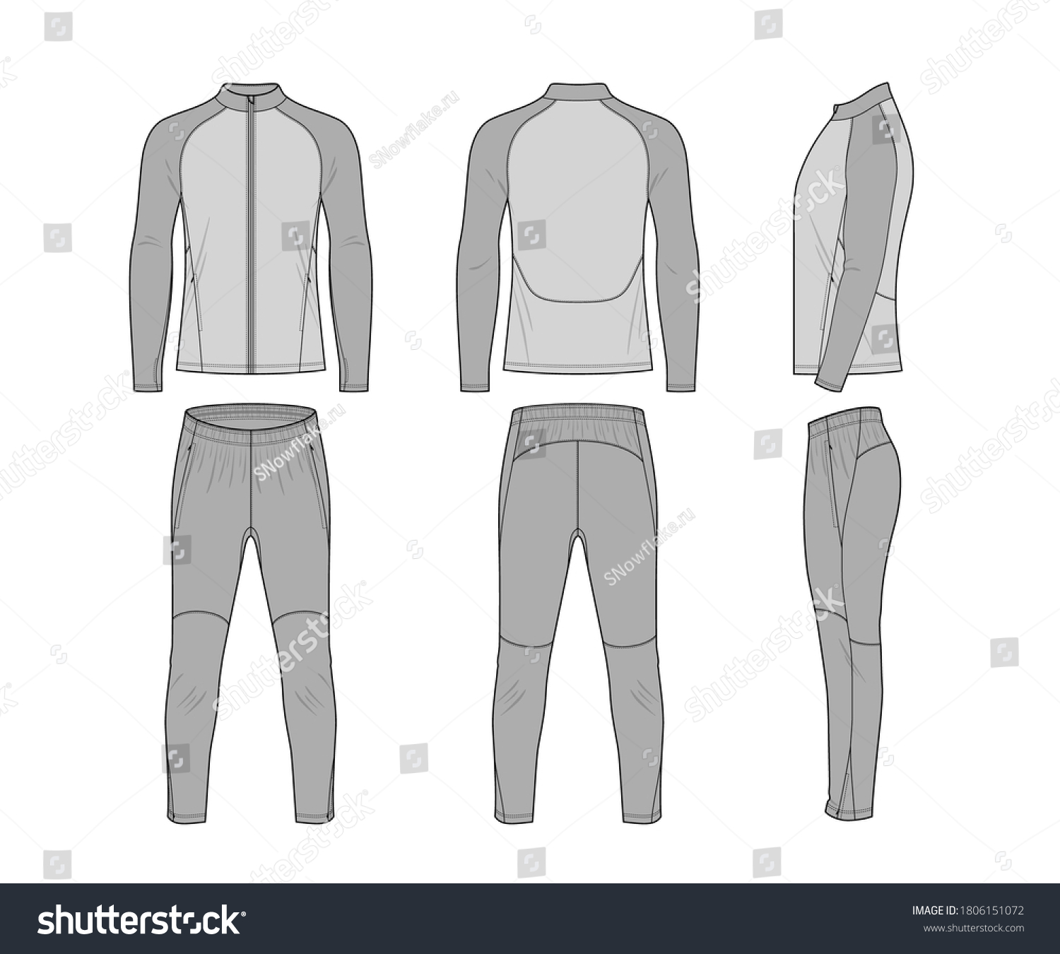 SVG of Sport training leg slim trousers  and long sleeve jacket flat technical template for your design. Front, back and side view. Vector illustration svg