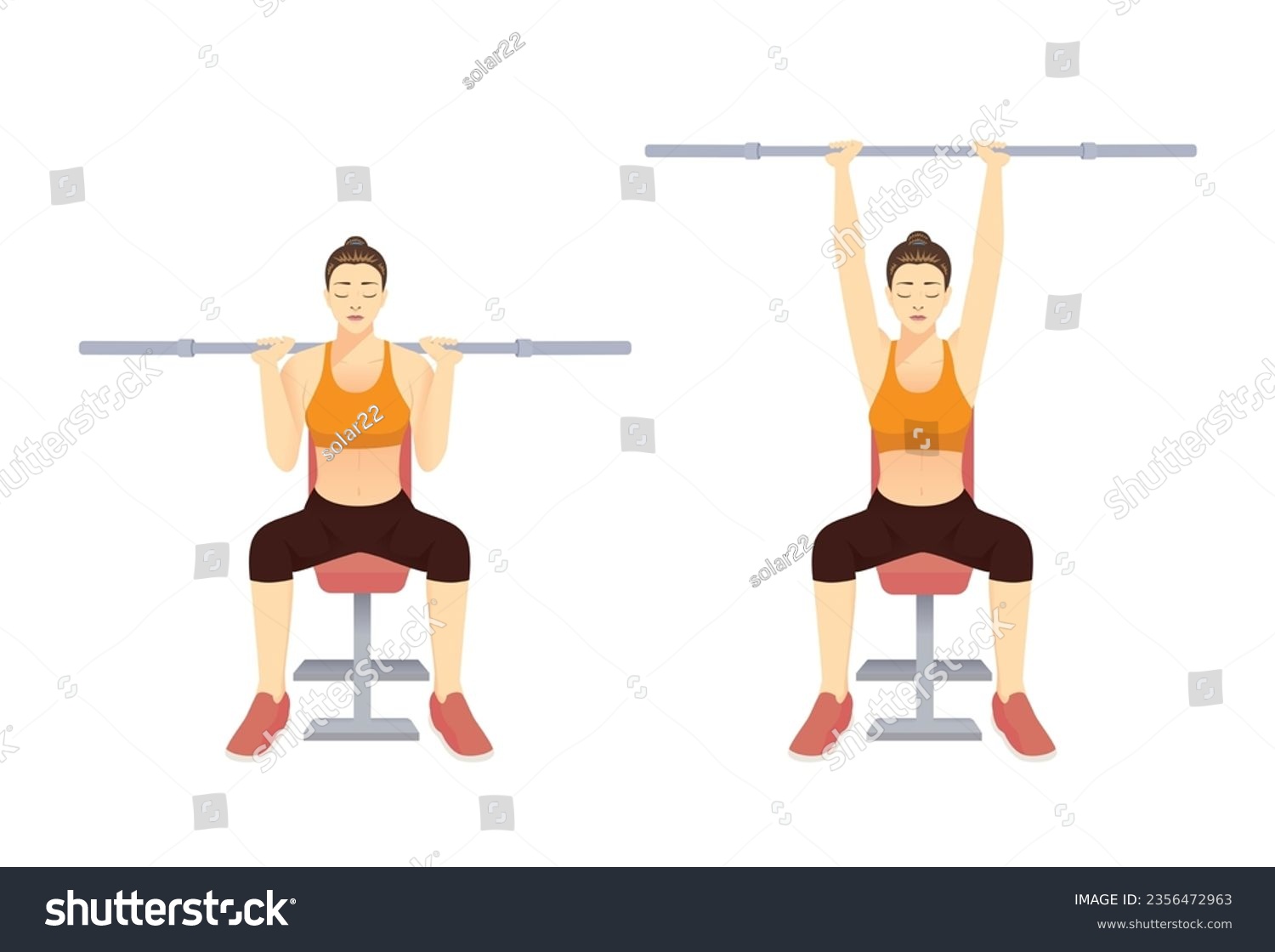 SVG of Sport woman doing workout with empty Barbell in Barbell shoulder press pose on bench. llustration about exercise diagram for arm and chest and shoulder. svg