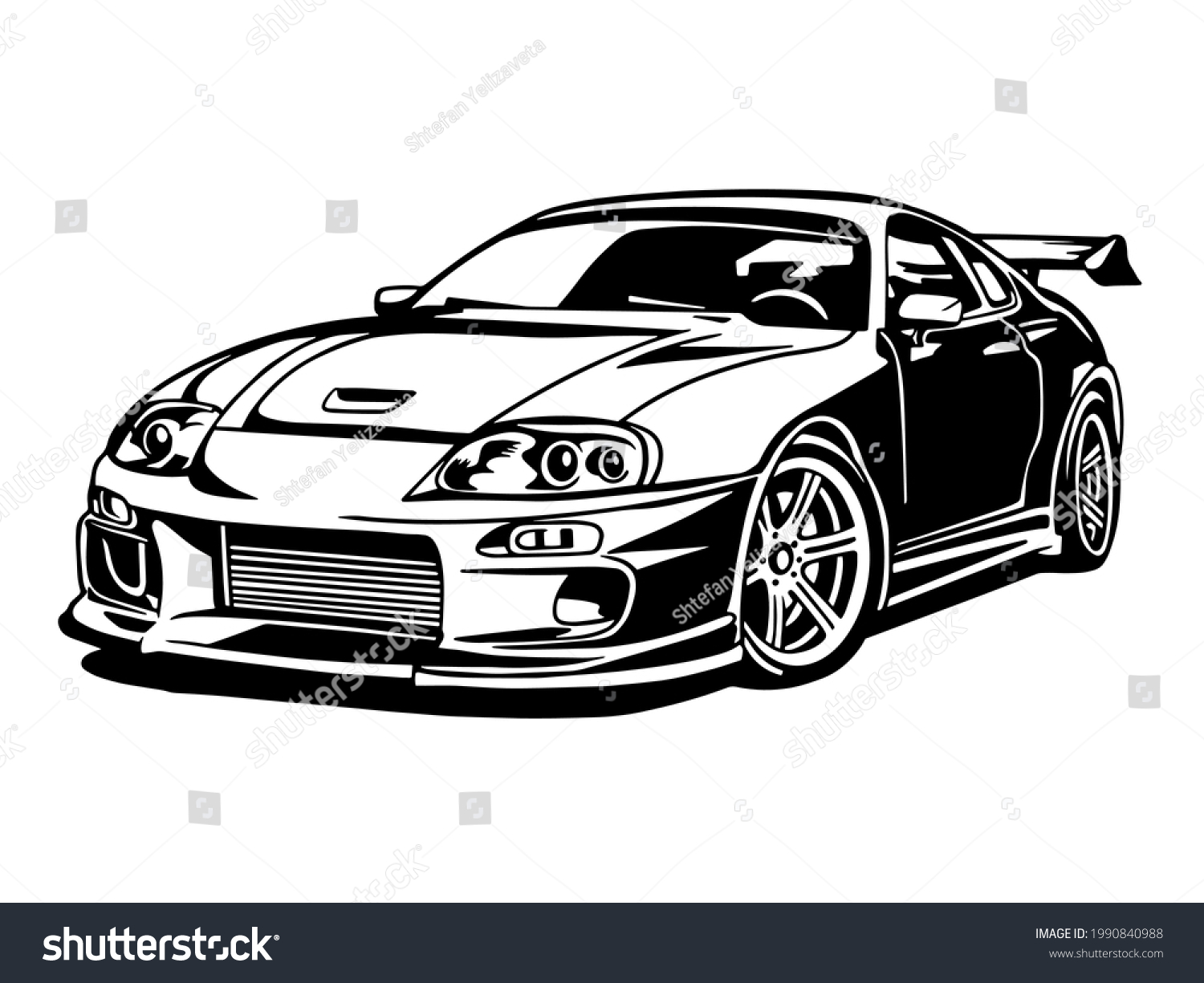 SVG of Sports car. Super car. Drift Racing auto. Vector monochrome illustration. Cutting file ploterdatei. T shirt design print vinyl decal. Black and white illustratin svg