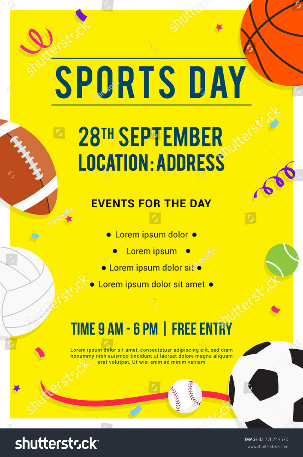 stock vector sports day poster invitation vector illustration sport equipment on yellow background 776743570