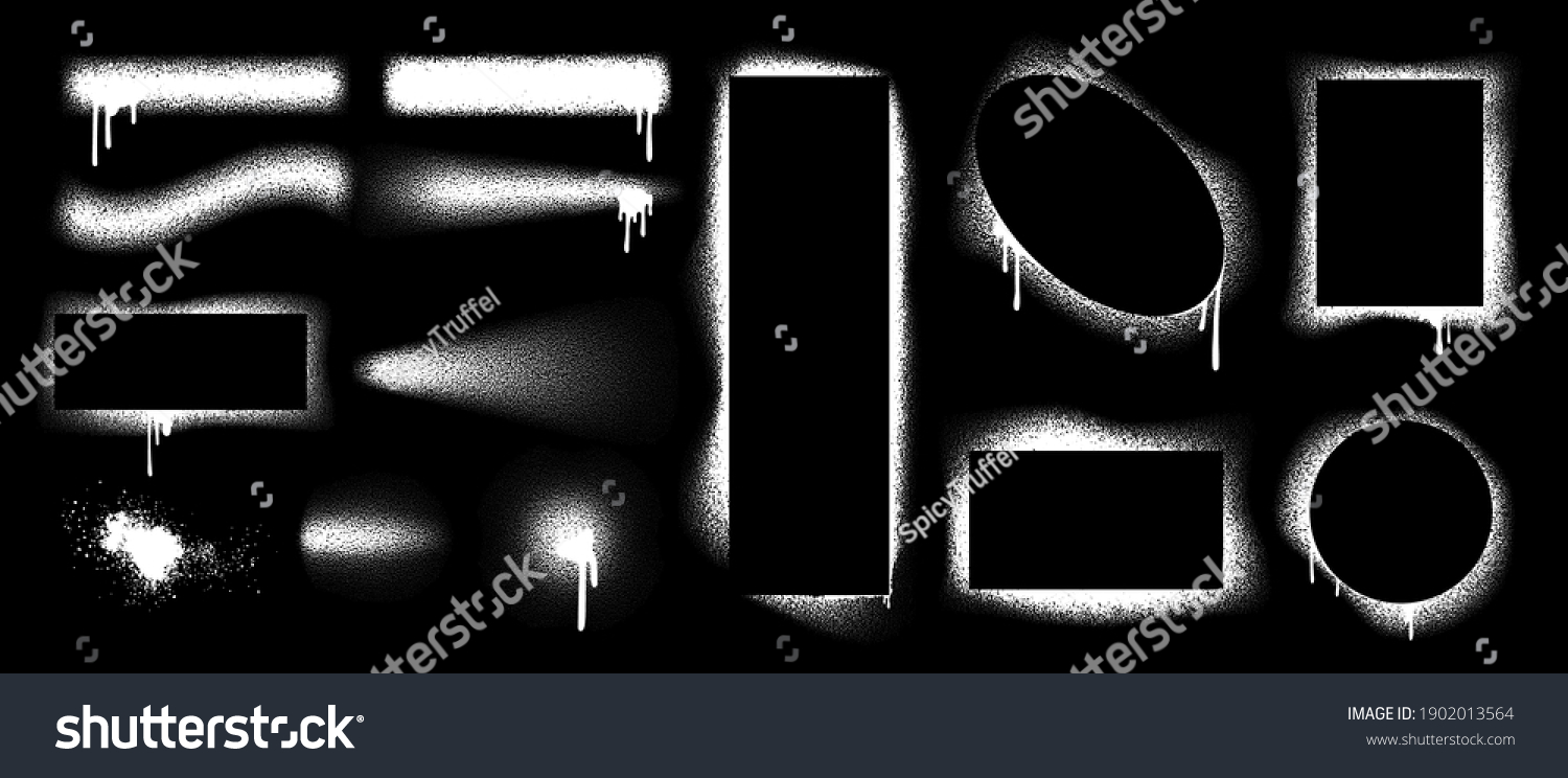 SVG of Spray brush border. Stencil graffiti shapes. Grunge airbrush texture. Isolated square and round inky contour forms. Splashes of white paint with smudges on black background. Vector blank templates set svg