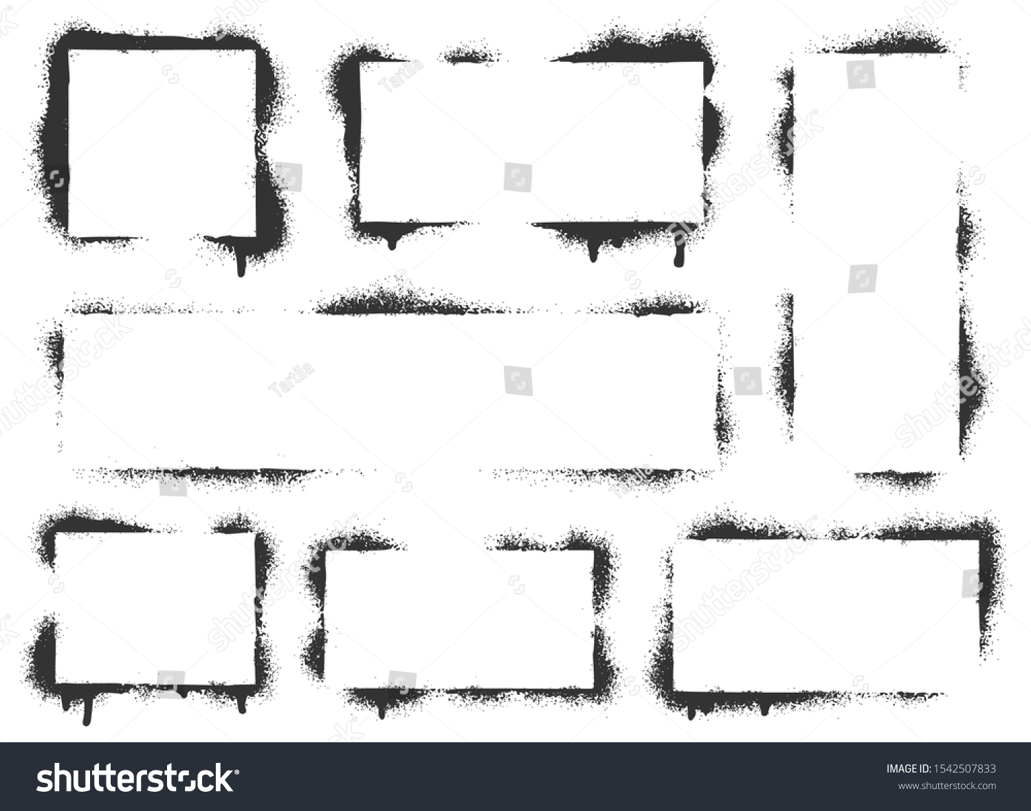 SVG of Spray paint graffiti stencil frames. Black airbrushing paint banner, stenciling backdrop and spray paint texture borders. Brush splash abstract rectangular stencil border. Isolated vector icons set svg