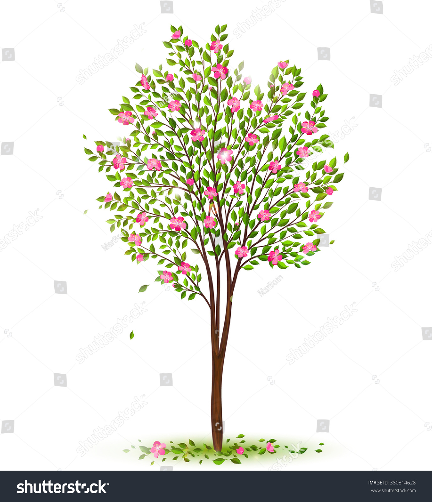 Spring Cherry Tree Green Leaves Pink Stock Vector 380814628 - Shutterstock