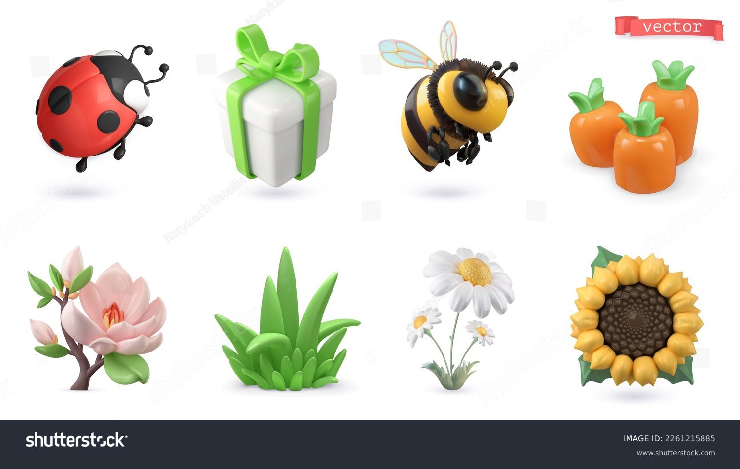 SVG of Spring 3d vector cartoon icon set. Ladybug, gift box, bee, carrot, magnolia flower, green grass, chamomile, sunflower svg