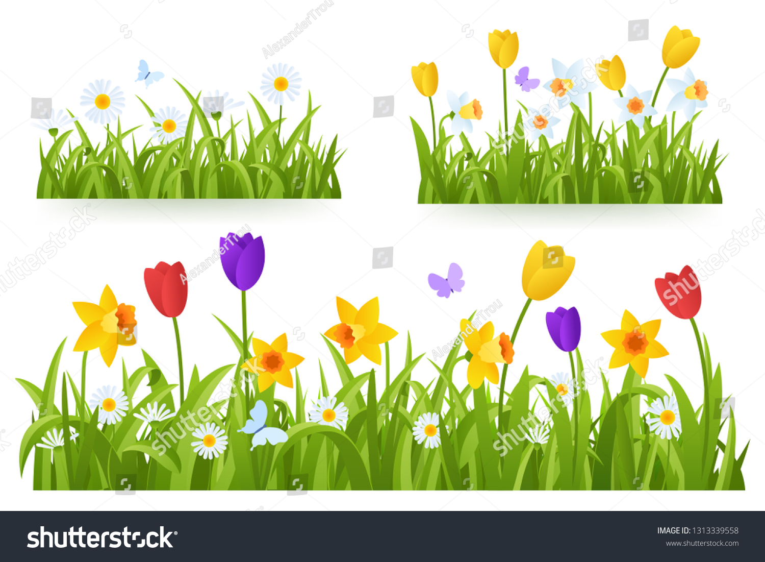 SVG of Spring grass border with early spring flowers and butterfly isolated on white background. Illustration of colored tulips, daffodils and daisies. Garden bed. Springtime design element. Vector eps 10. svg