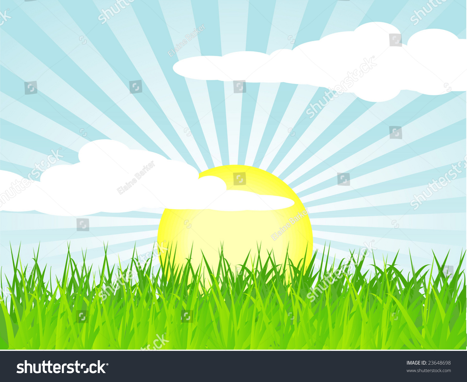 Spring Landscape Illustration With Sun Rising Over Lush Green Grass ...