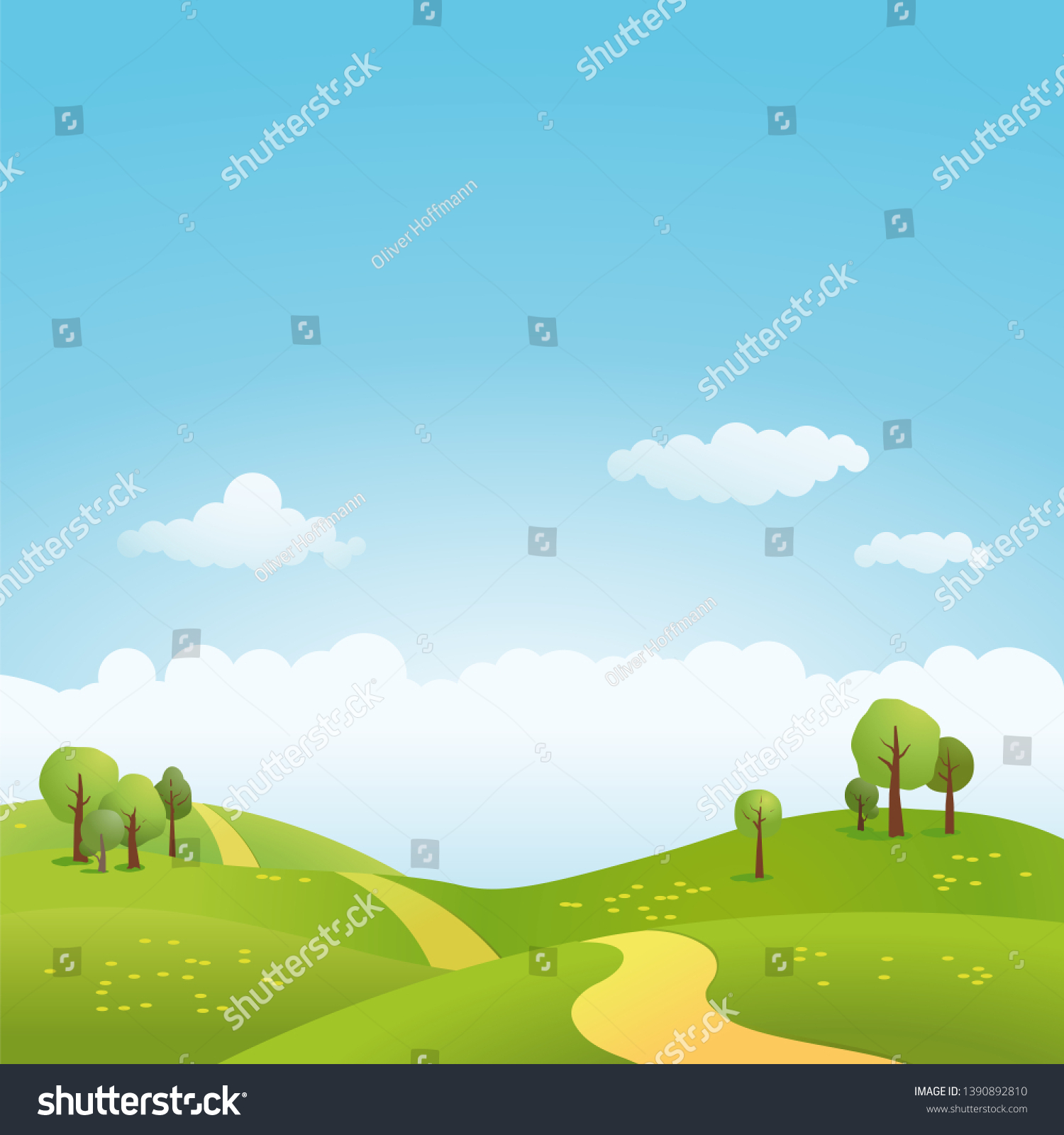 Spring Landscape Path Through Rolling Hills Stock Vector Royalty Free