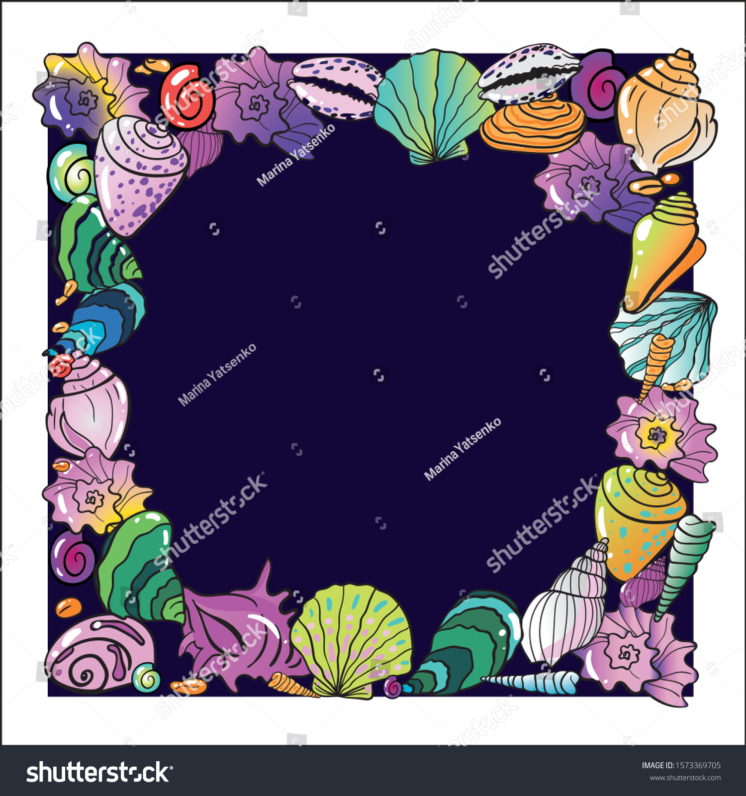 SVG of Square bright colorful sea shell wreath on dark and white background. All parts separate. Invitatoin card, poster, clipart, high resolution, 300 dpi, eps isolated svg