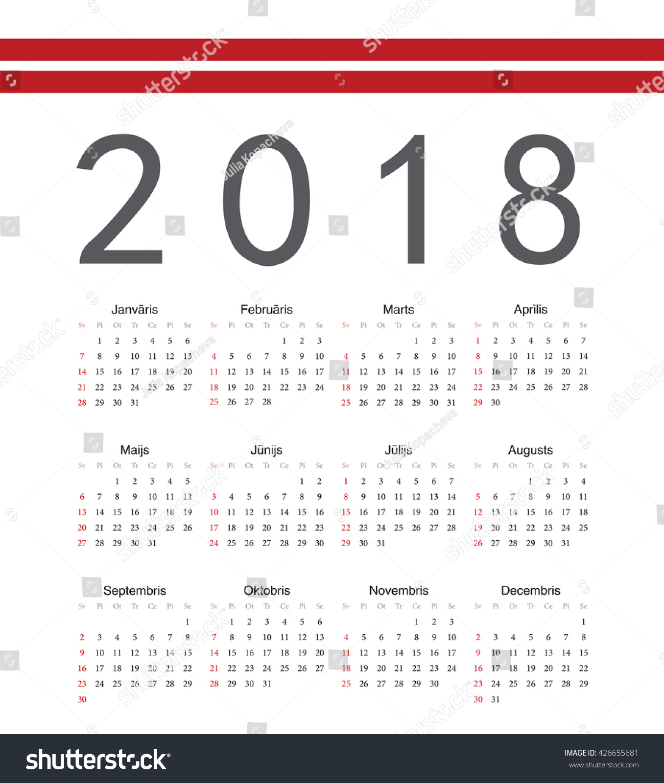 Square Latvian 2018 Year Vector Calendar. Week Starts From Sunday 