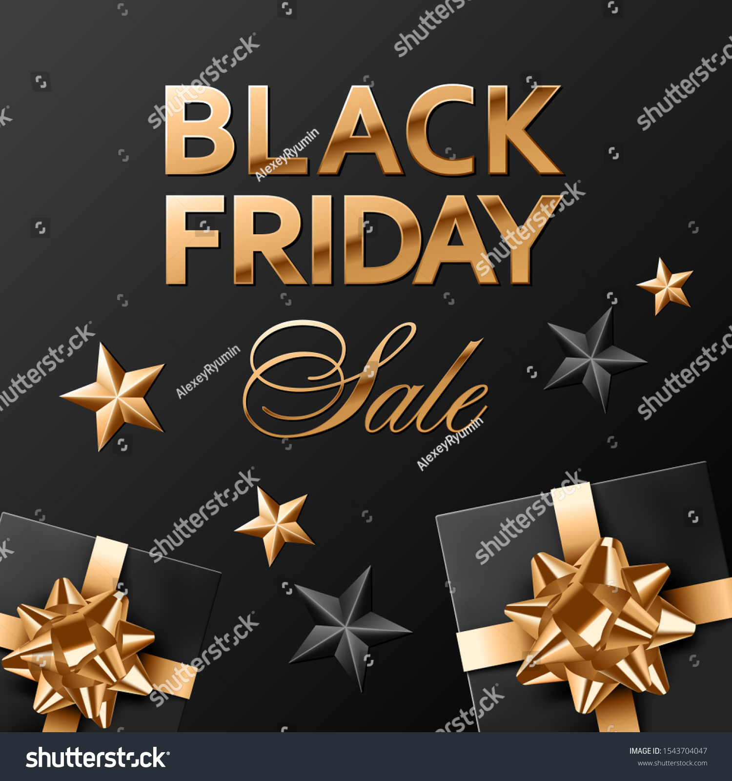 Square social media post or banner vector template. Black friday golden lettering on black background with black covered gifts with golden bows and black and gold stars.
