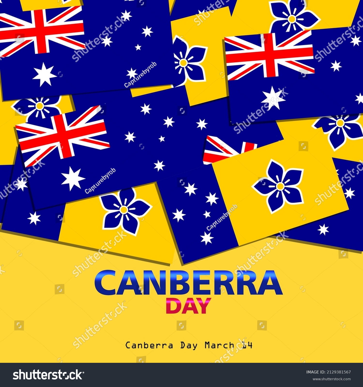 SVG of stack of canberra flags and australian flags and words on yellow background, Canberra Day March 14 svg