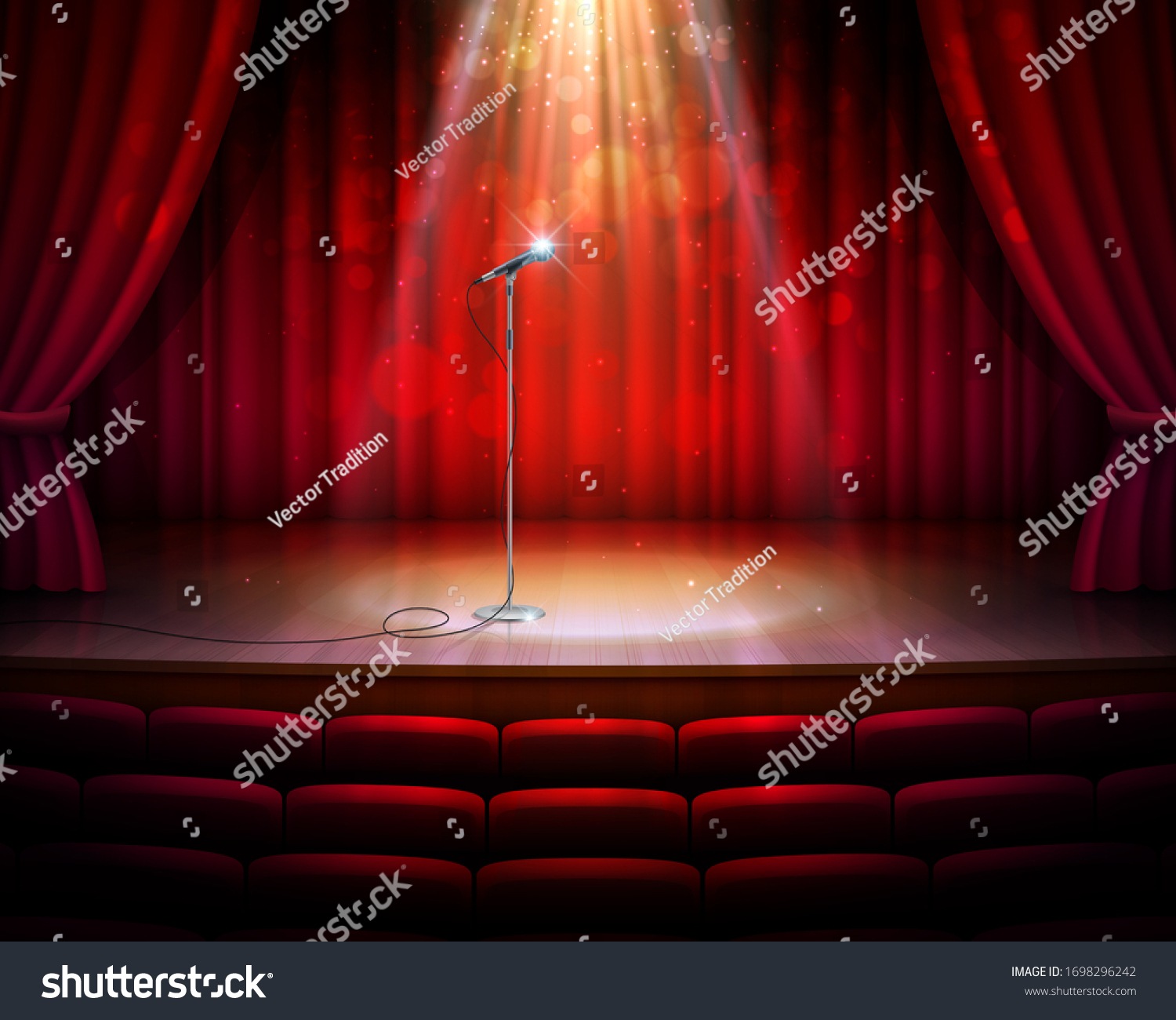 SVG of Stage with red curtains, microphone and spotlight, vector realistic background. Theater, cabaret show or opera music concert scene stage with seats, red drapery curtains and golden light from above svg