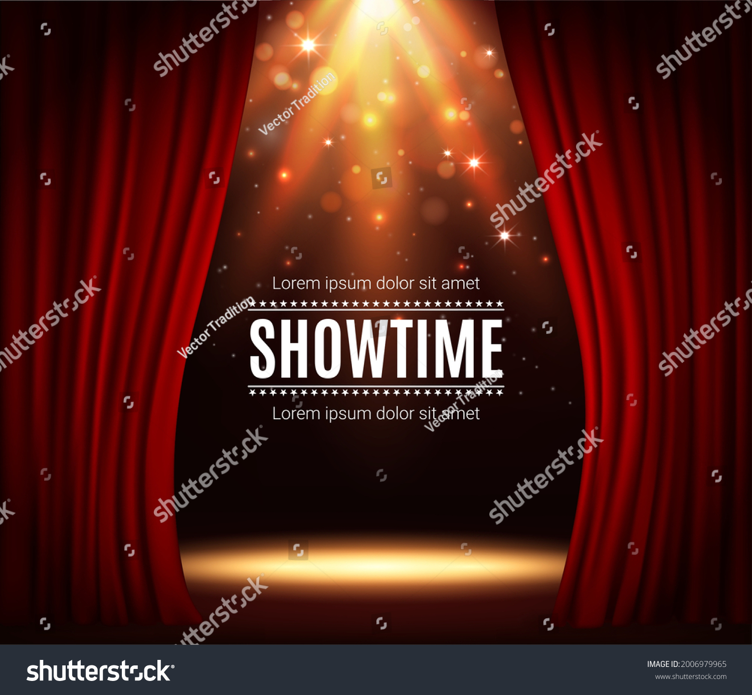 SVG of Stage with red curtains, theater scene vector background with spotlight illumination and sparkles. Showtime poster for performance, music show or concert with realistic 3d red curtains and light glow svg