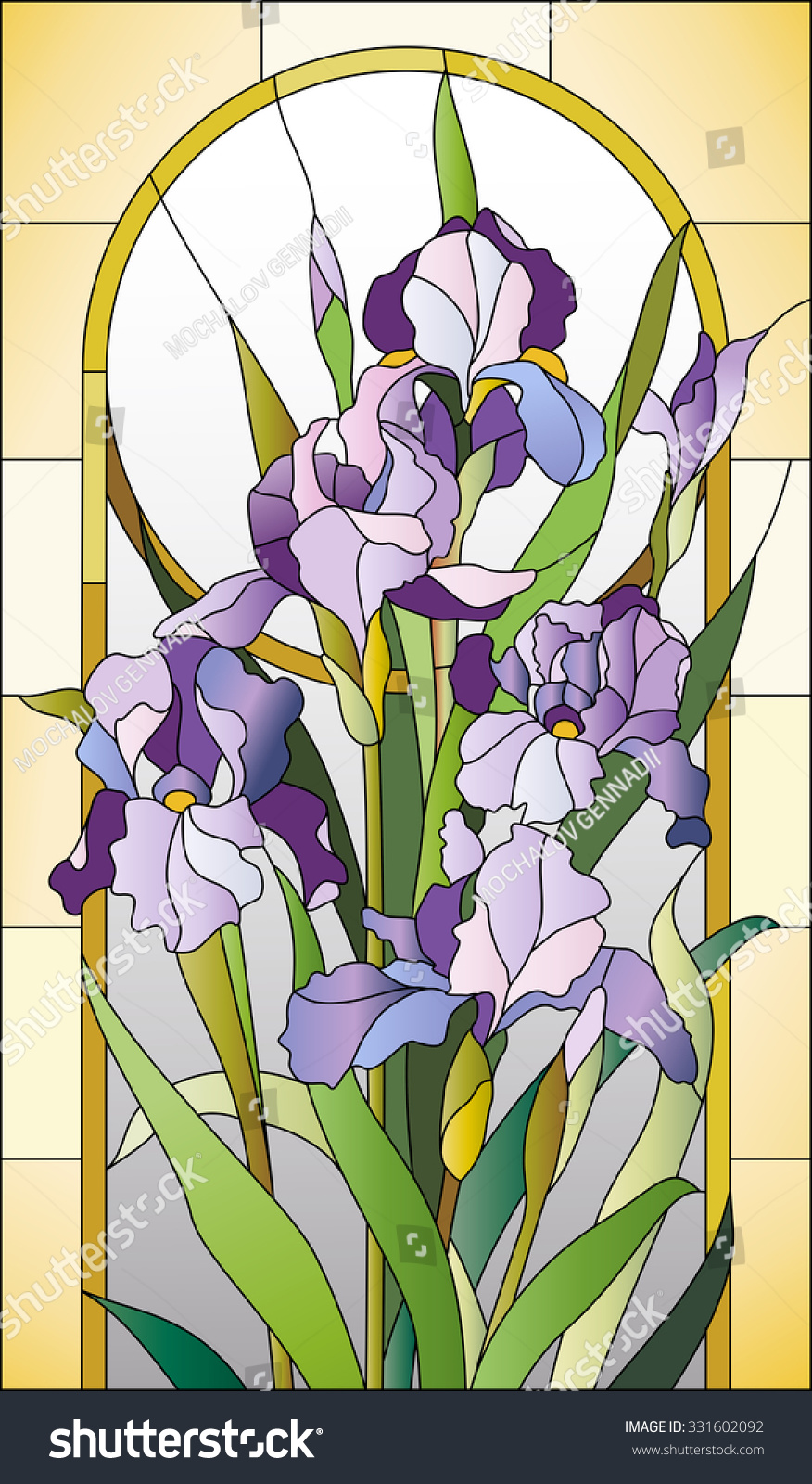 stock vector stained glass pattern with irises 331602092