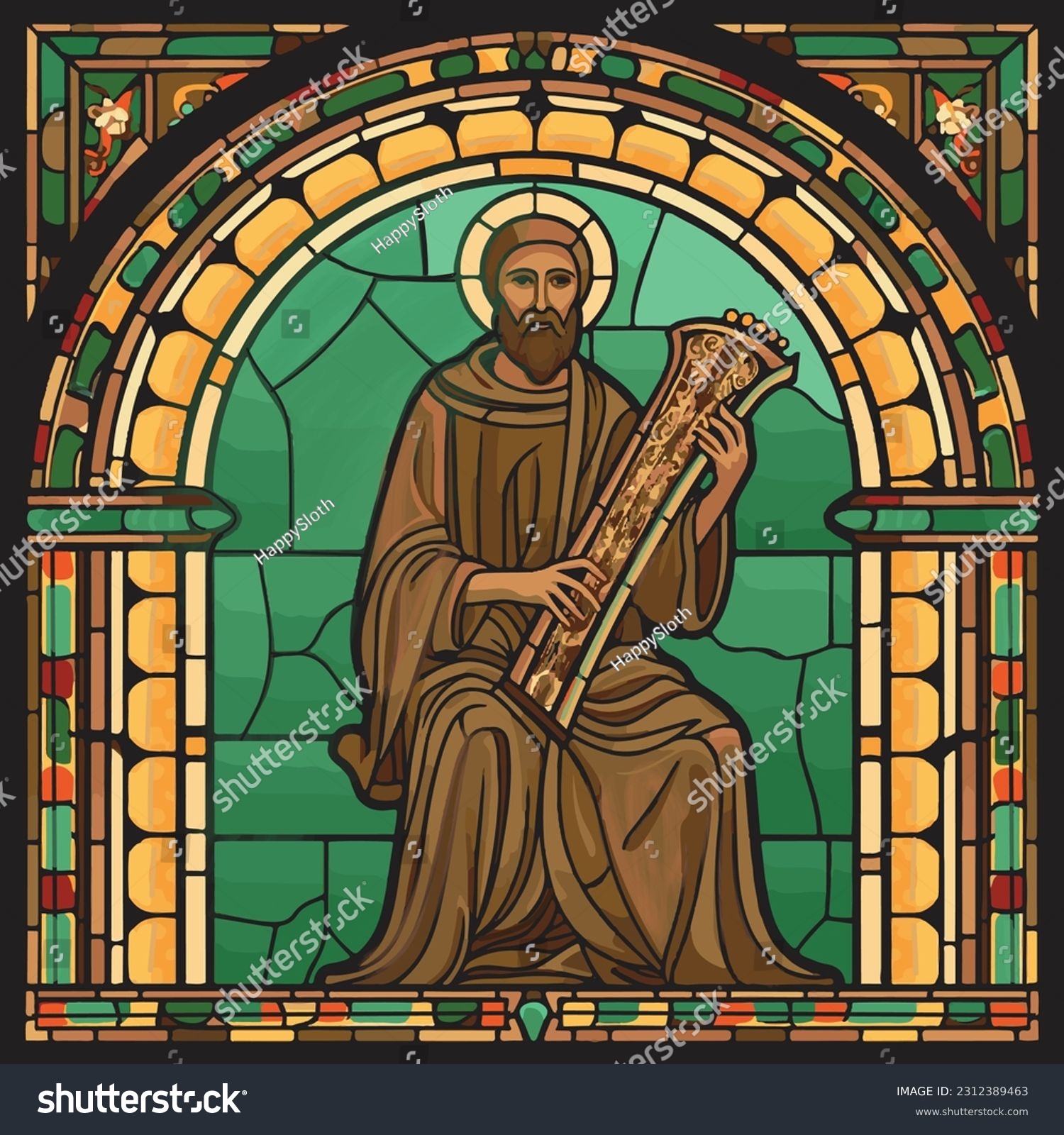 SVG of Stained glass window vector of Saint Ephrem (c. 306 - 373 AD) playing a lyre. svg