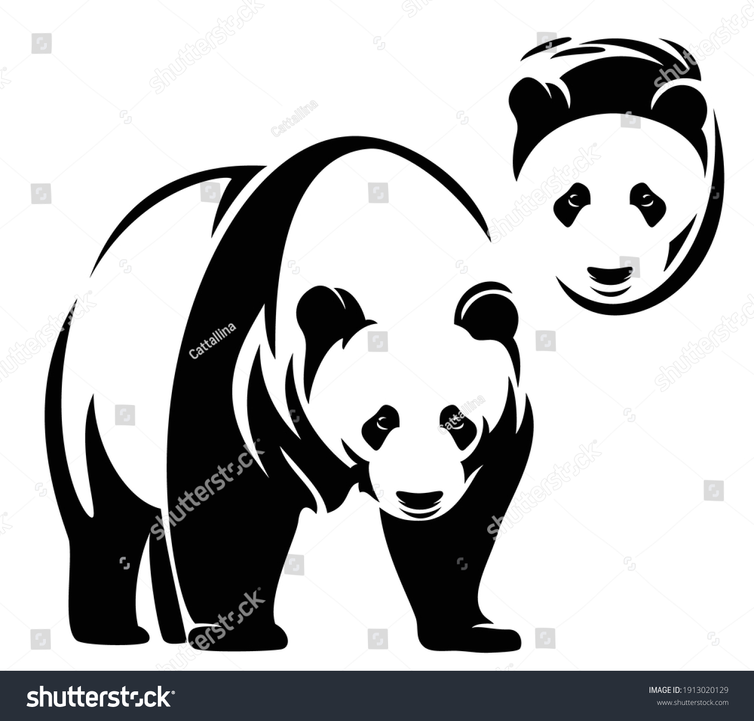 SVG of standing chinese panda bear black and white vector outline and head portrait design svg