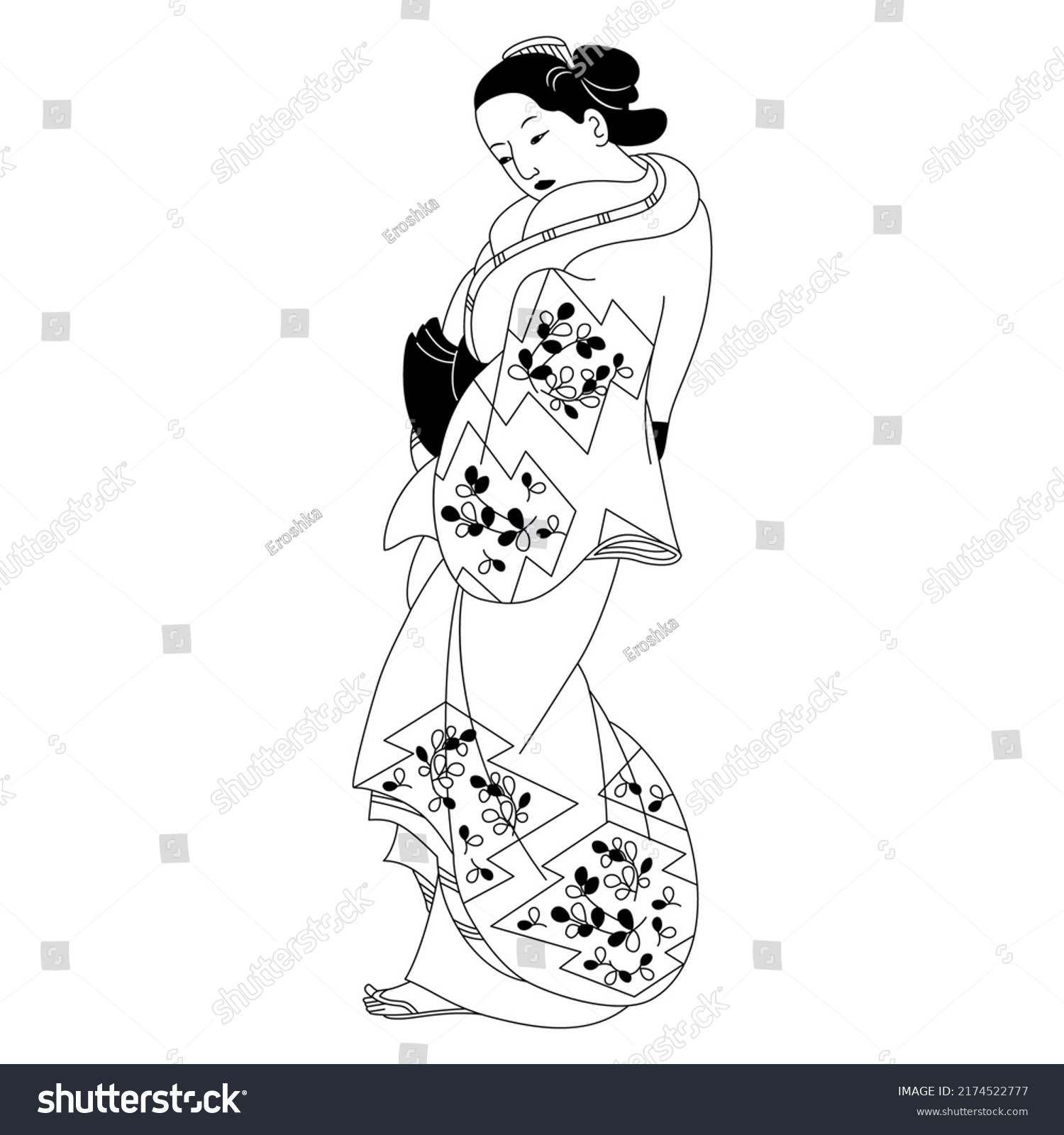 Standing Japanese Lady Kimono Floral Print Stock Vector (Royalty Free ...