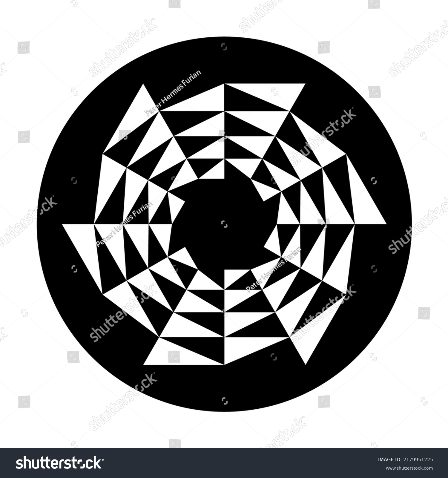 SVG of Star with circular triangle pattern in a black circle. White triangles forming a circular saw blade shape, appearing to move counterclockwise. Modeled on a crop circle pattern found at Barbury Castle. svg