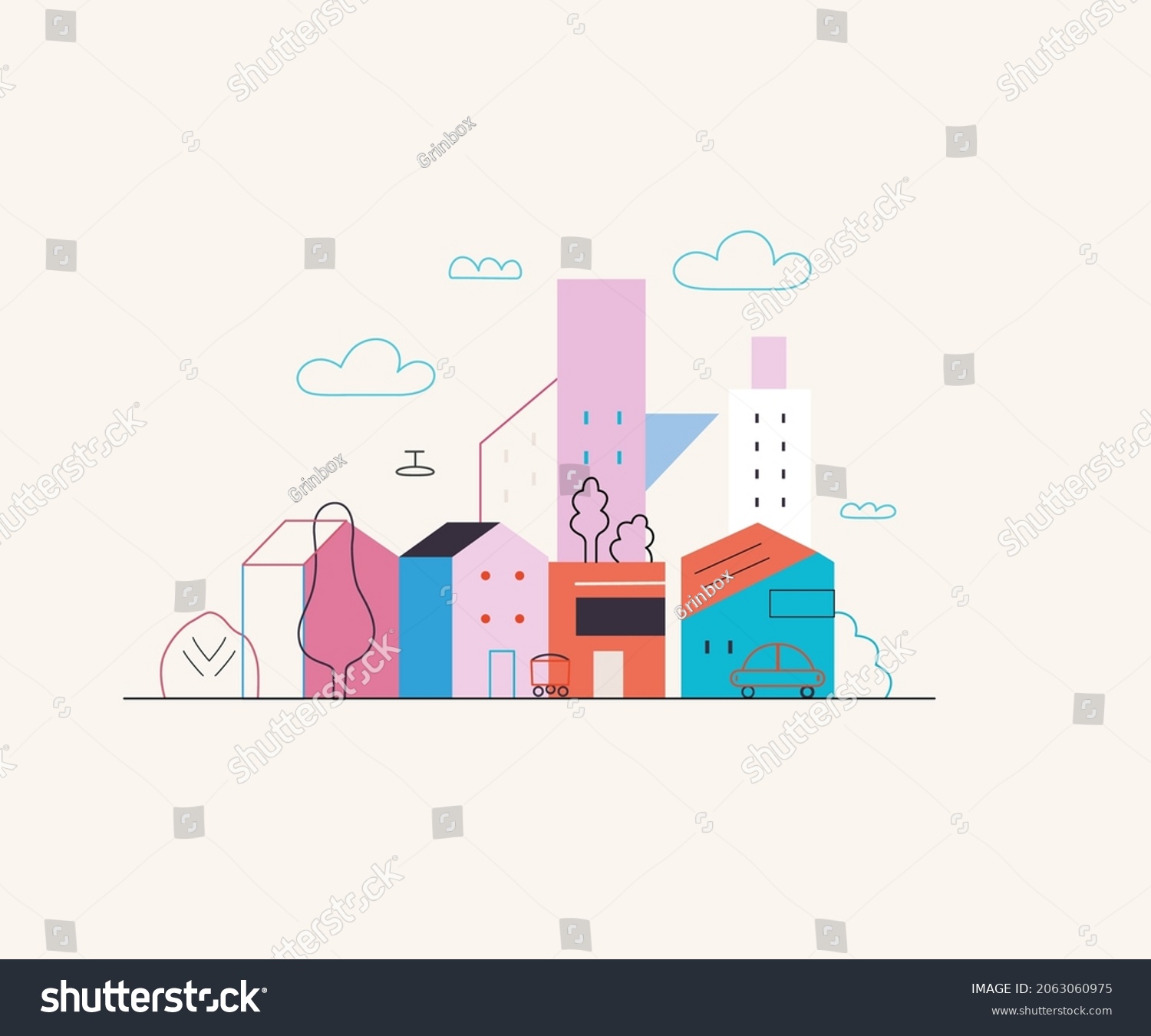 SVG of Startup illustration. Flat line vector modern concept illustration of a city, startup metaphor. Concept of building new business, planning and strategy, teamwork and management, company processes svg