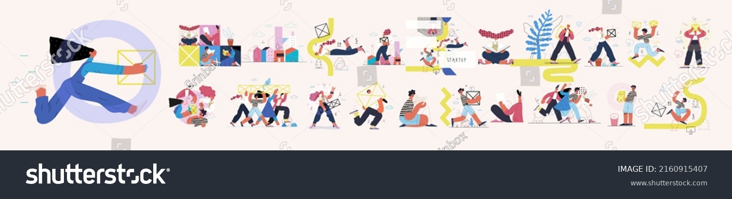 SVG of Startup illustrations set. Flat line vector modern concept illustration of people, startup metaphor. Concept of building new business, planning, strategy, teamwork and management. Company processes svg