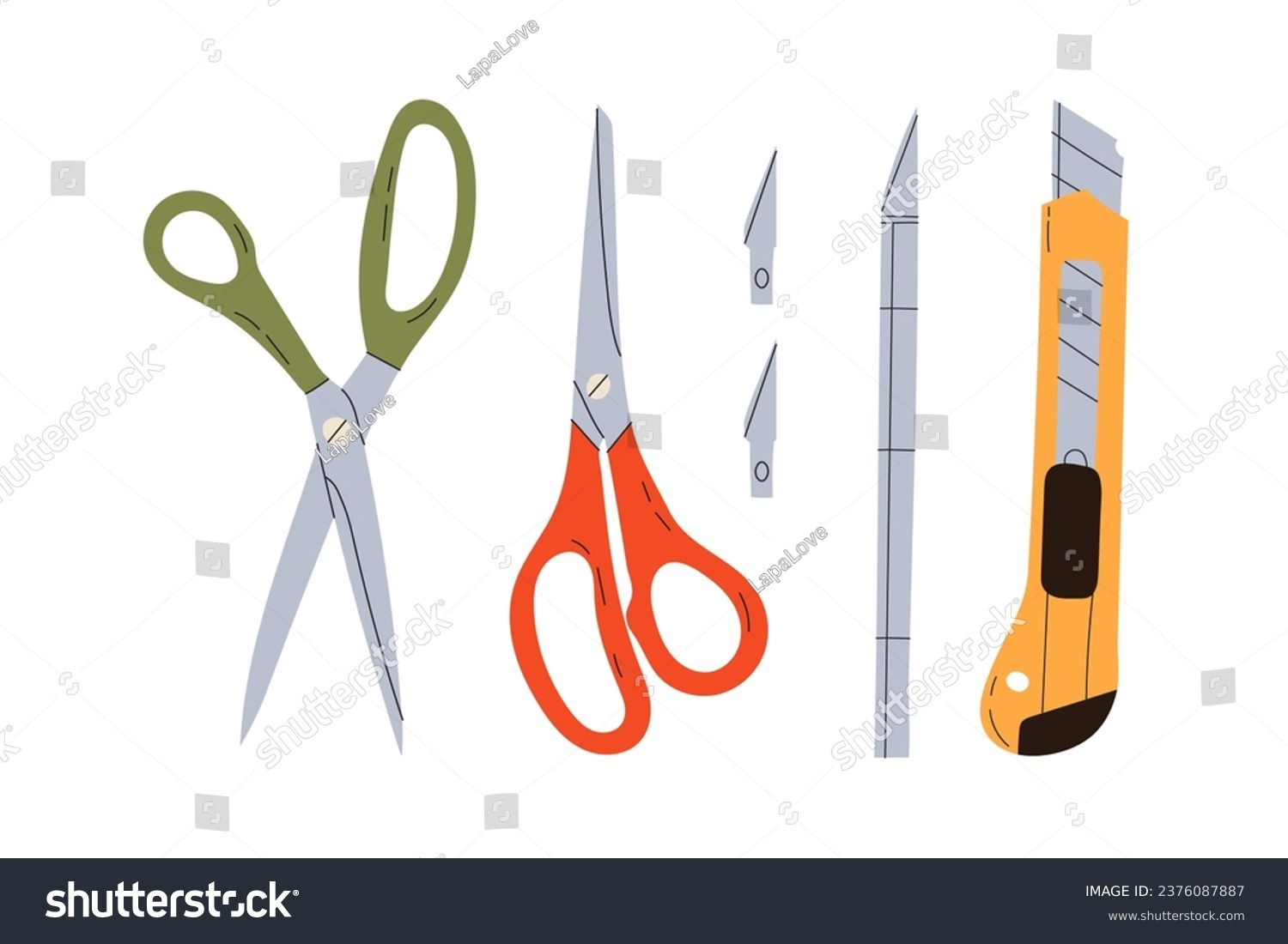 SVG of Stationery cutting supplies, scissors, breadboard knife, stationery knife in hand drawn style. Necessary elements for cutting paper. Scissors for cutting and sewing. Vector stock illustration. svg