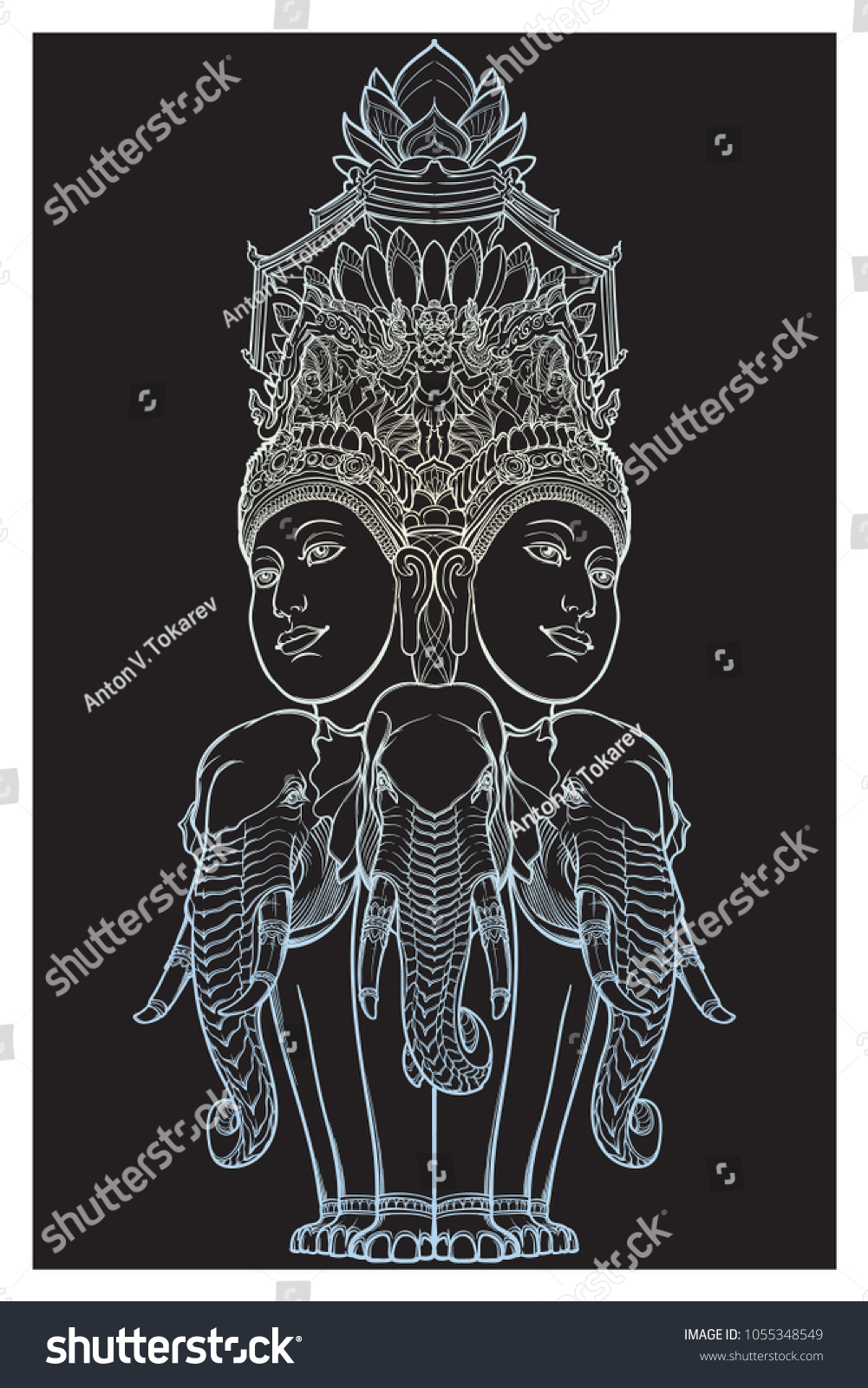 SVG of Statue representing Trimurti - trinity of Hindu gods Brahma, Vishnu and Shiva, sitting on three elephants. Intricate hand drawing isolated on black background. Tattoo design. EPS10 vector illustration svg