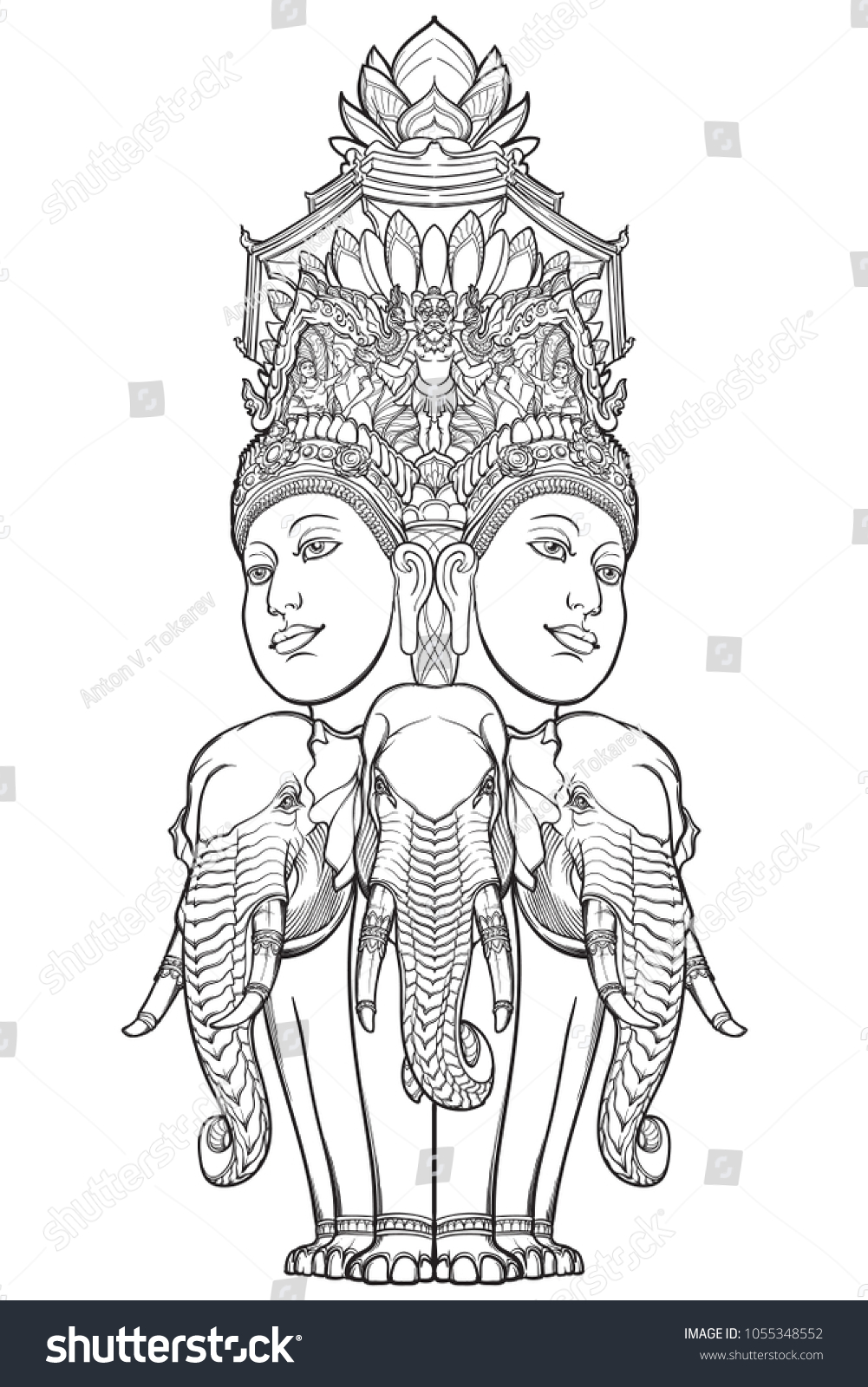 SVG of Statue representing Trimurti - trinity of Hindu gods Brahma, Vishnu and Shiva, sitting on three elephants. Intricate hand drawing isolated on white background. Tattoo design. EPS10 vector illustration svg