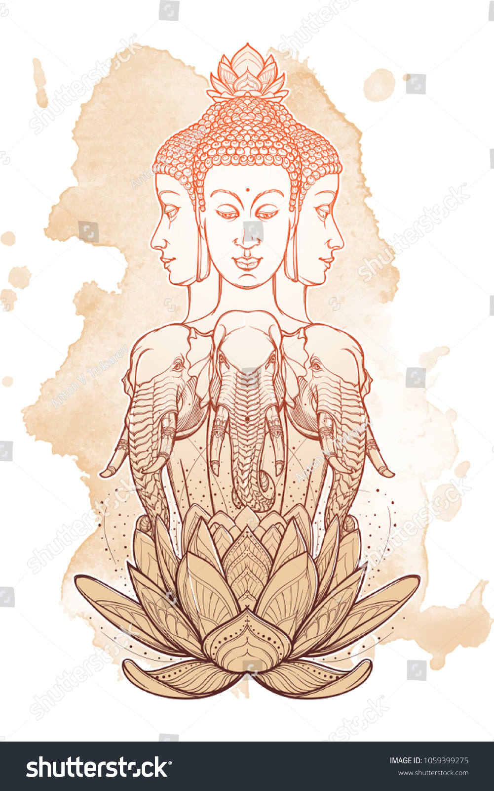 SVG of Statue representing Trimurti - trinity of Hindu gods Brahma, Vishnu and Shiva, sitting on three elephants. Intricate hand drawing isolated on textured background. Tattoo design. EPS10 vector svg
