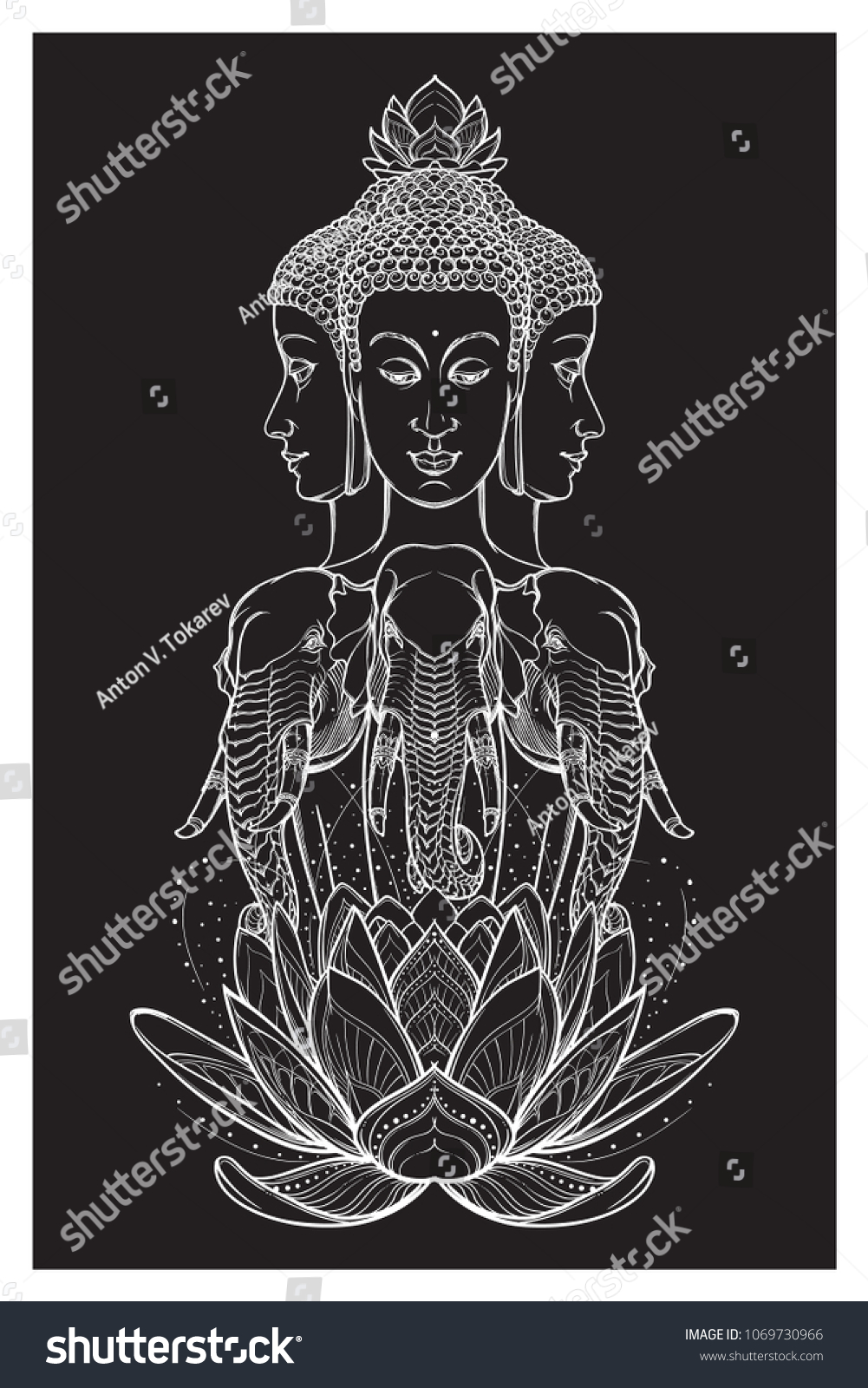 SVG of Statue representing Trimurti - trinity of Hindu gods Brahma, Vishnu and Shiva, sitting on three elephants. Intricate hand drawing isolated on black background. Tattoo design. EPS10 vector svg