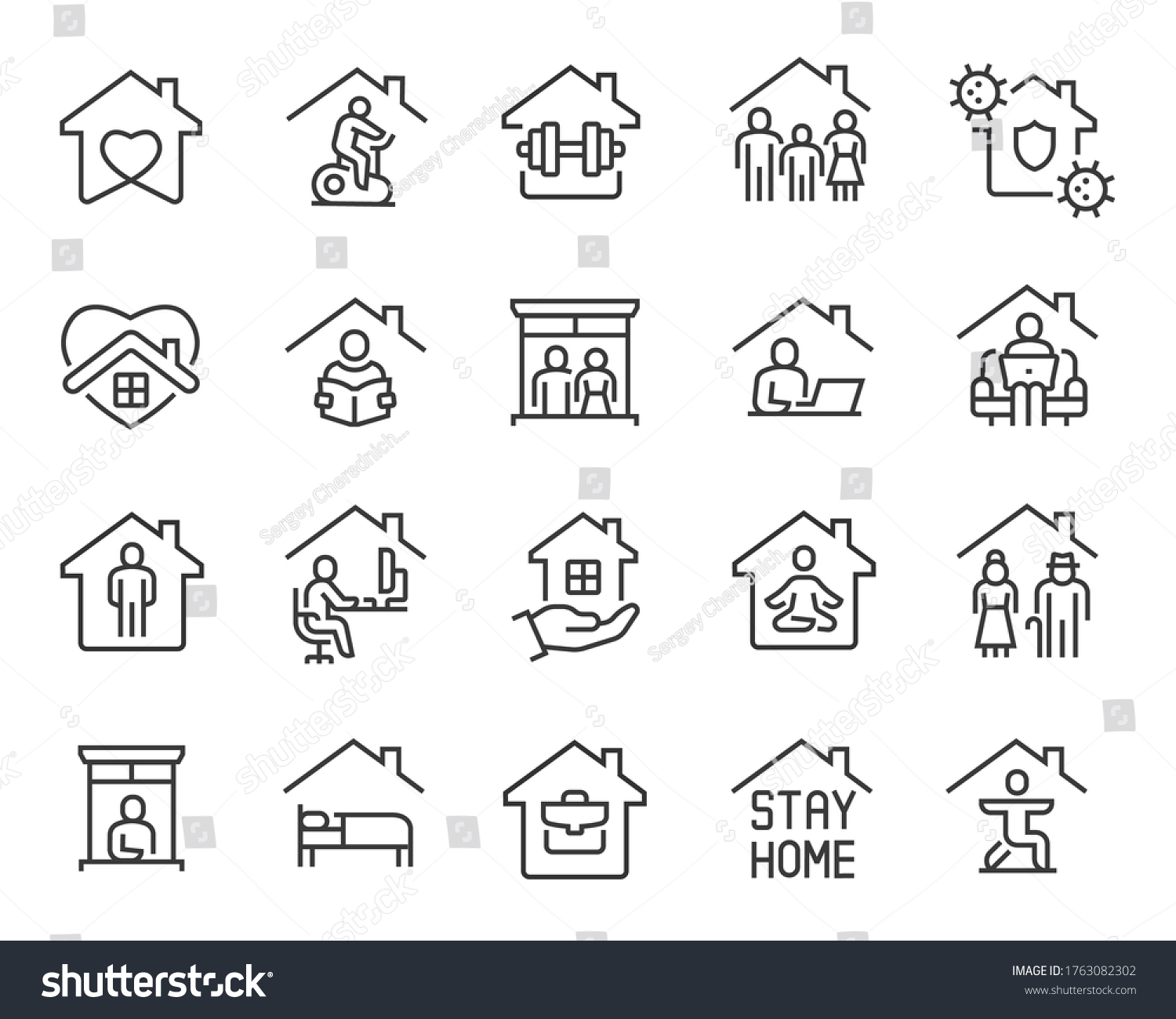 SVG of Stay Home Icons set. Collection of linear simple web icons such as Work from Home, Stay Home, Virus Protection, Isolation, Sports and Hobbies, Covid-19, CORONAVIRUS, Family at Home, Quarantine and svg